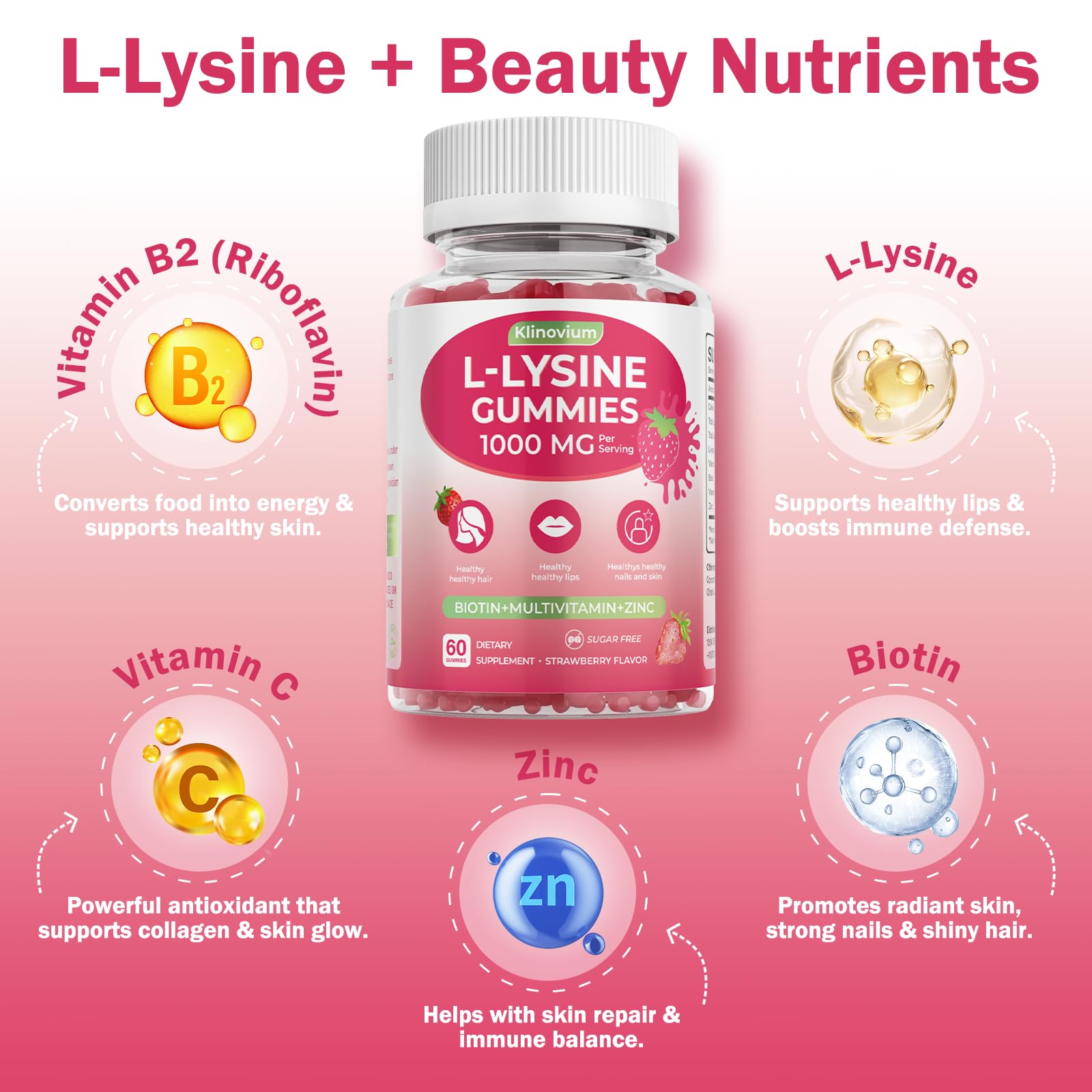 Close-up of Klinovium L-Lysine Gummies showing strawberry flavour