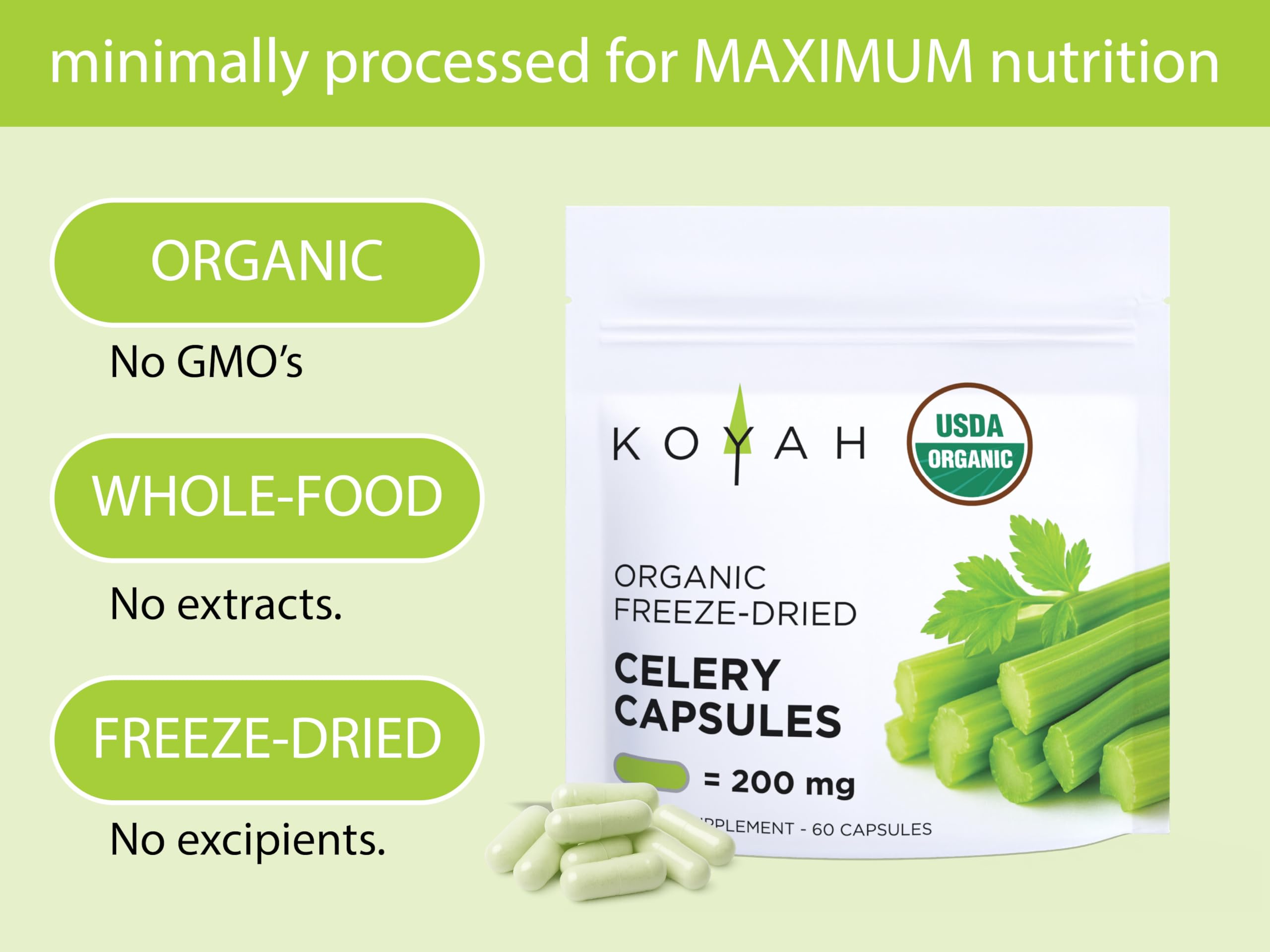 Close-up of KOYAH Celery Capsules showing 200mg per capsule