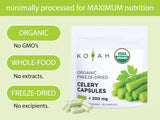 Close-up of KOYAH Celery Capsules showing 200mg per capsule