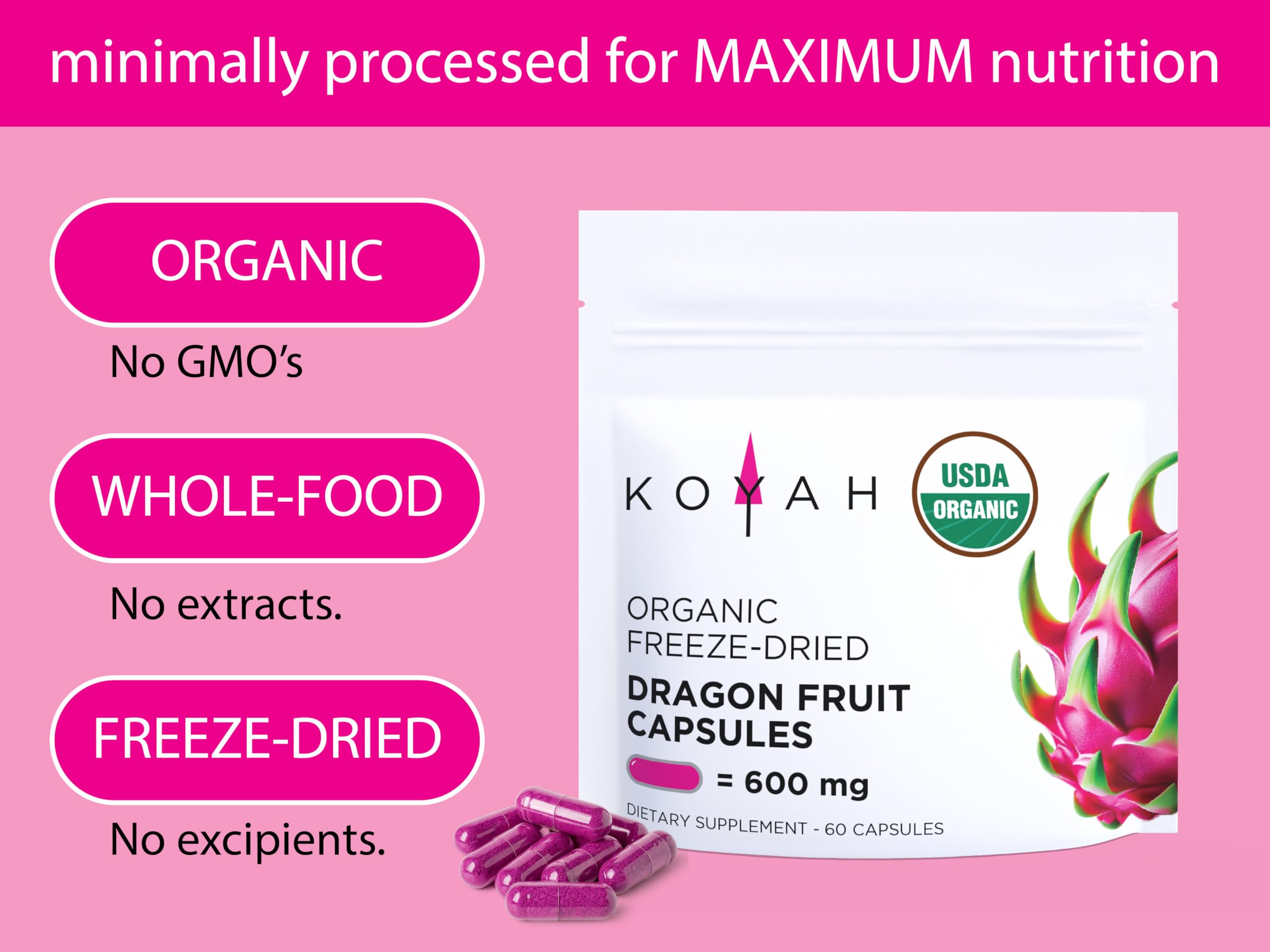 Close-up of KOYAH Dragon Fruit Capsules showing organic label