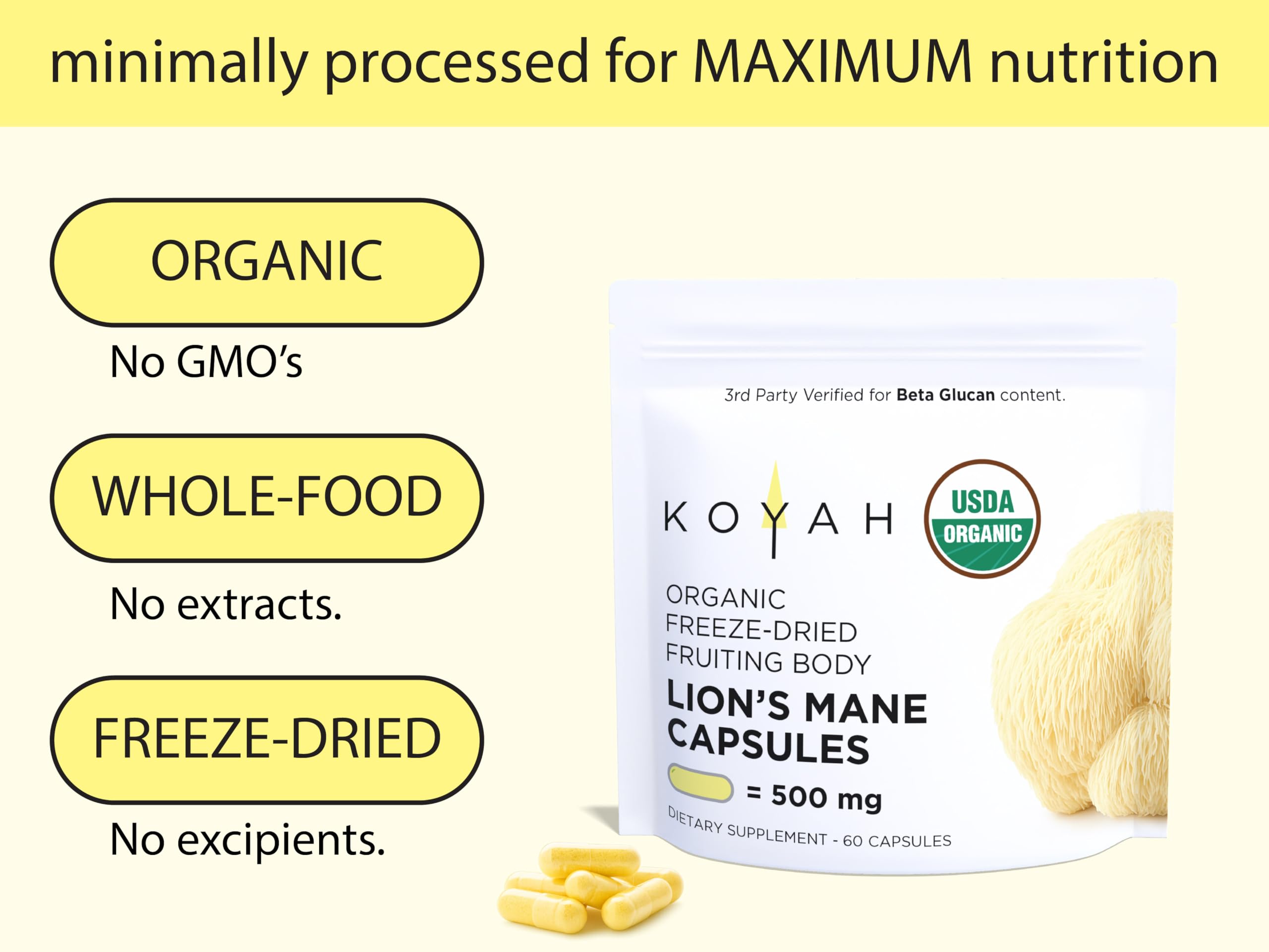 Close-up of KOYAH Lion's Mane Capsules showing capsule details