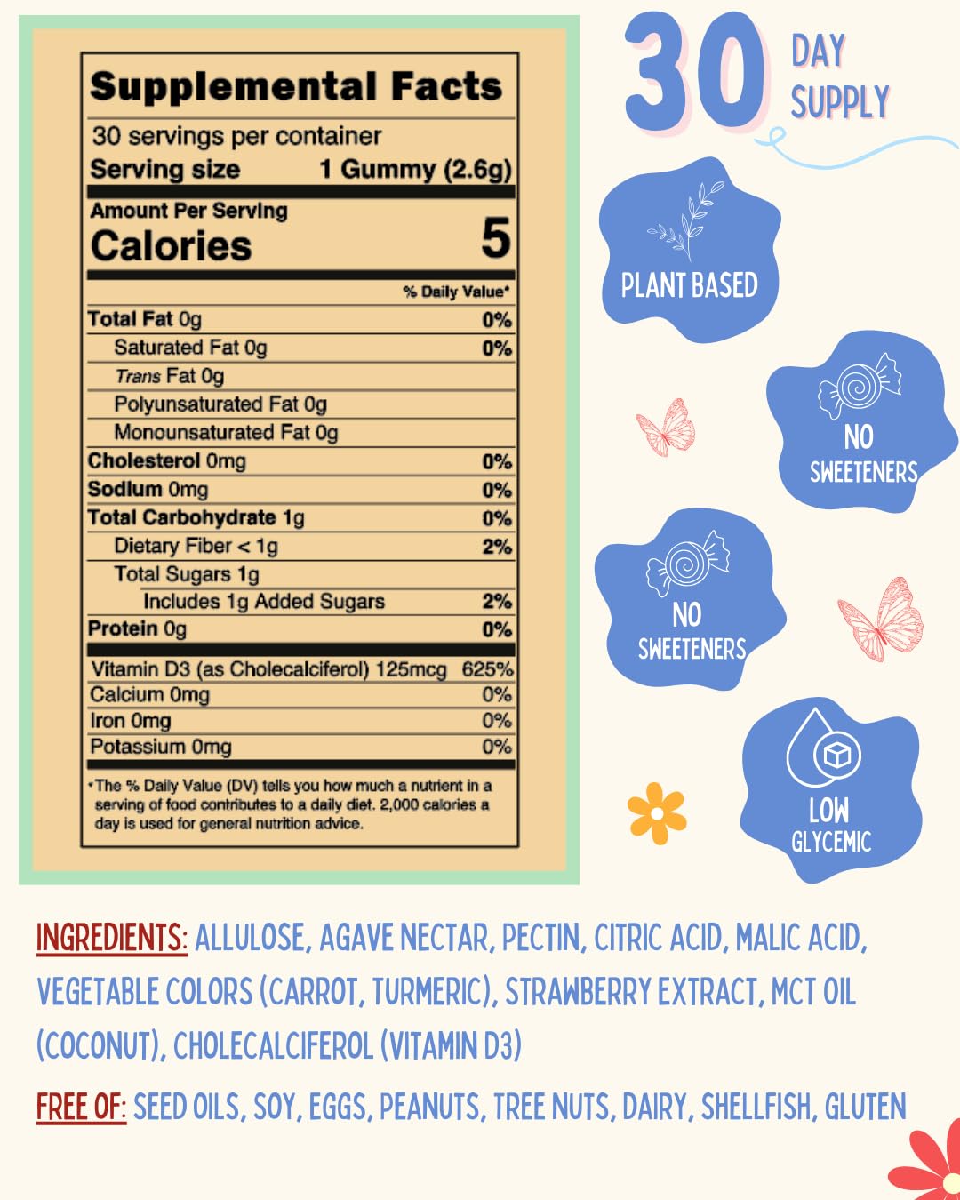 Close-up of Krunchy Kids Vitamin D3 Gummies showing strawberry flavour