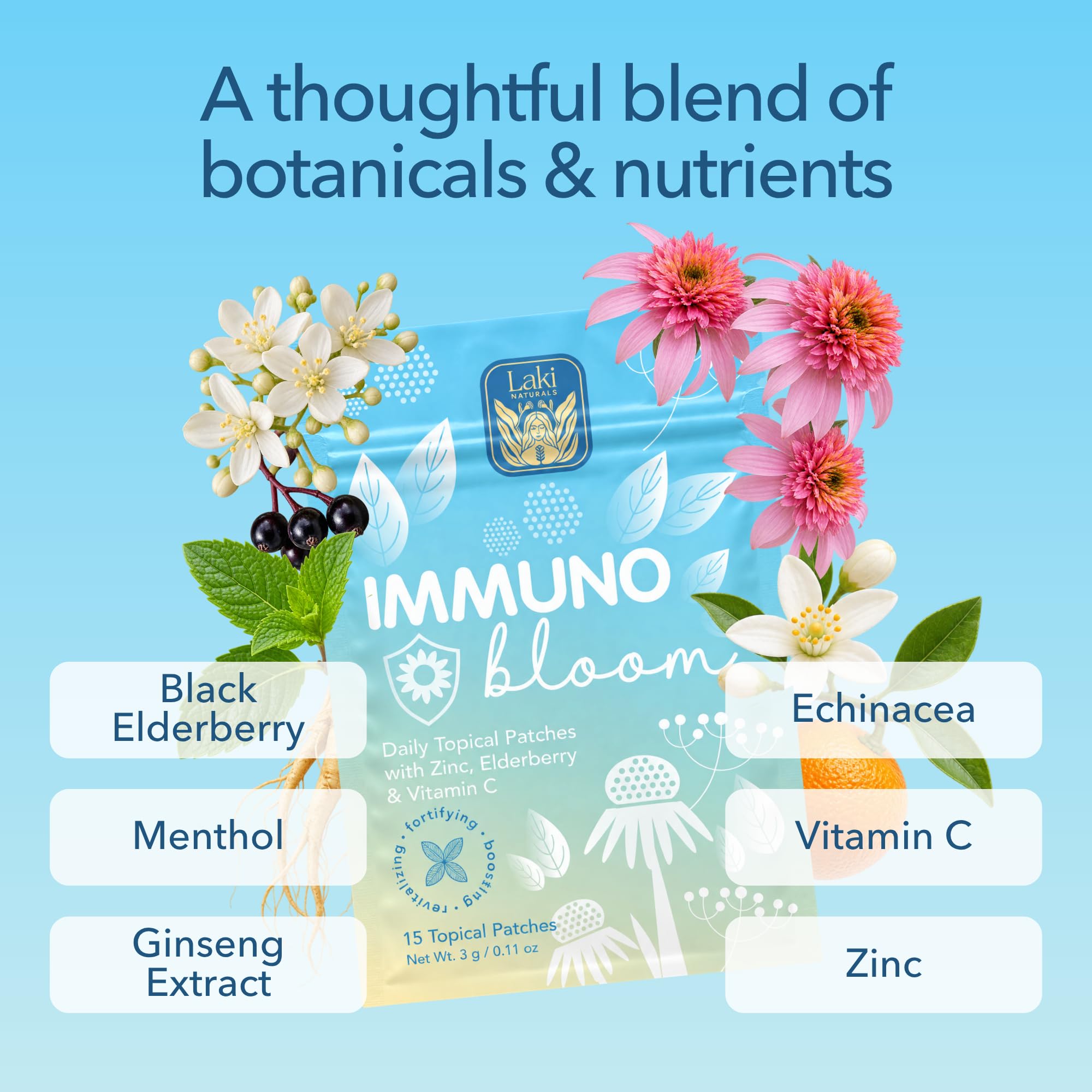 Close-up of Laki Naturals daily wellness Bloom Patch showing ingredients