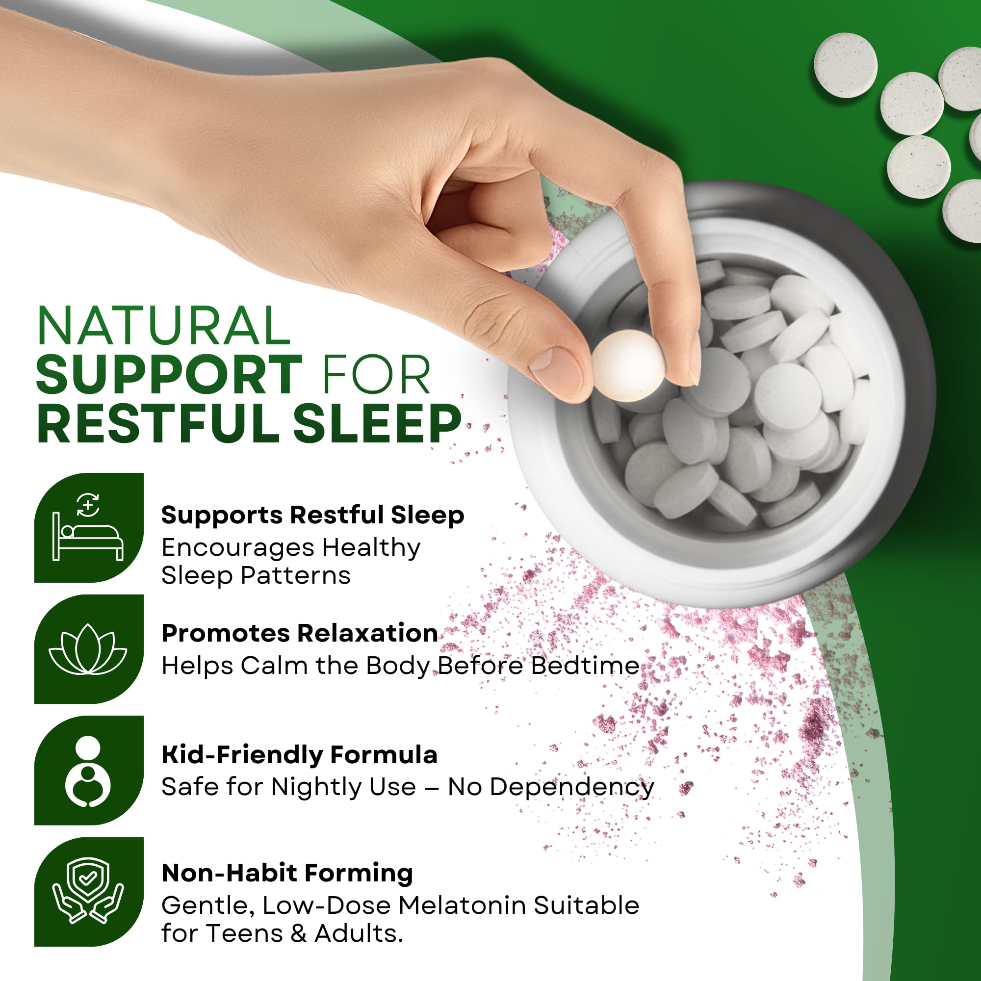 Close-up of LANDAU Melatonin Tablets 0.3mg cherry flavour