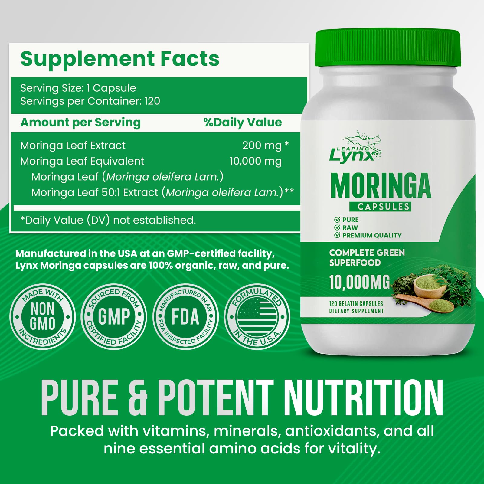 Close-up of Leaping Lynx Moringa Leaf Extract capsules