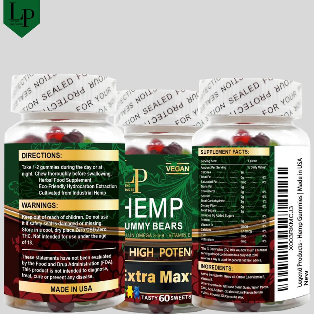 Close-up of Legend Products Hemp Gummies showing fruity flavours