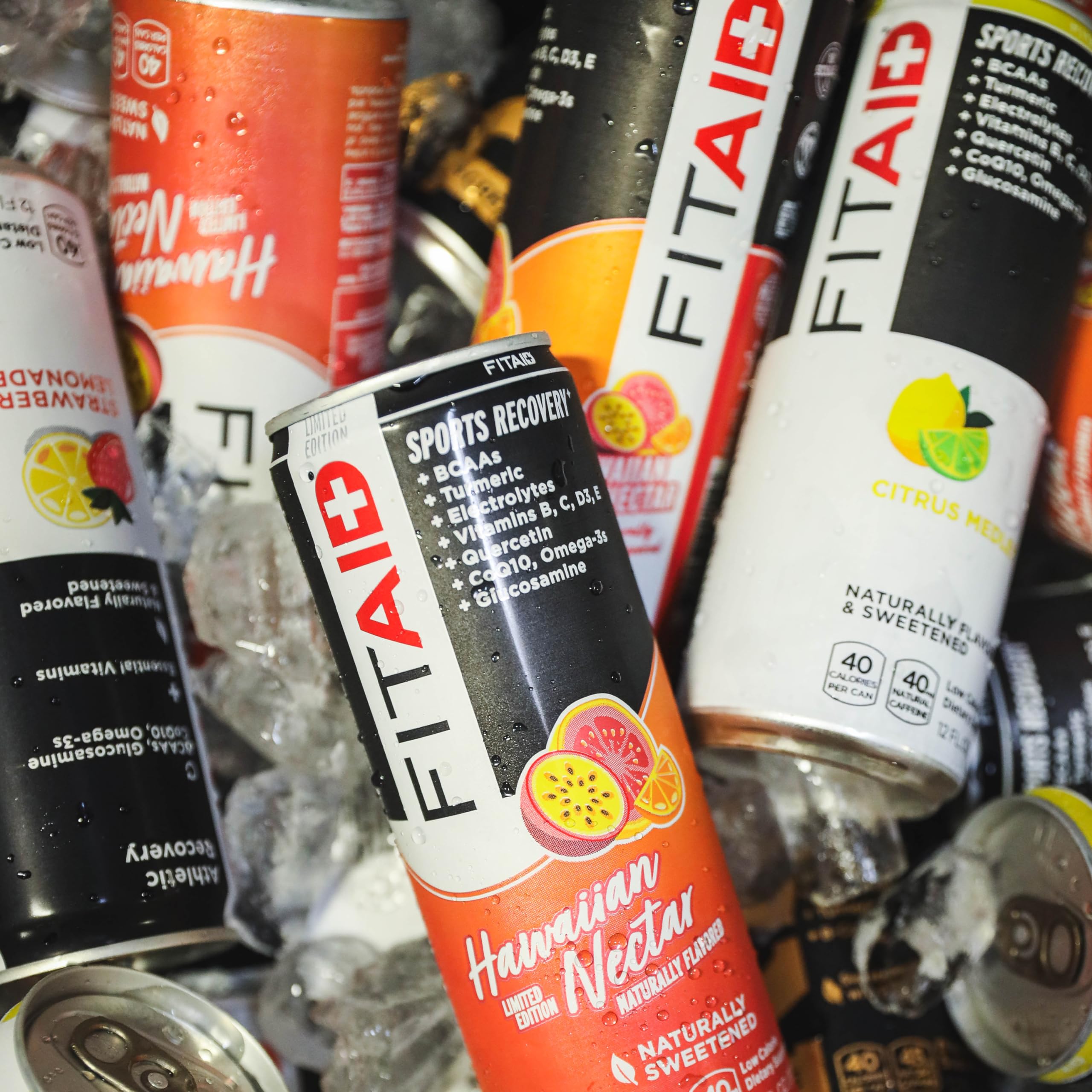Close-up of LIFEAID FITAID cans showcasing refreshing flavours and ingredients