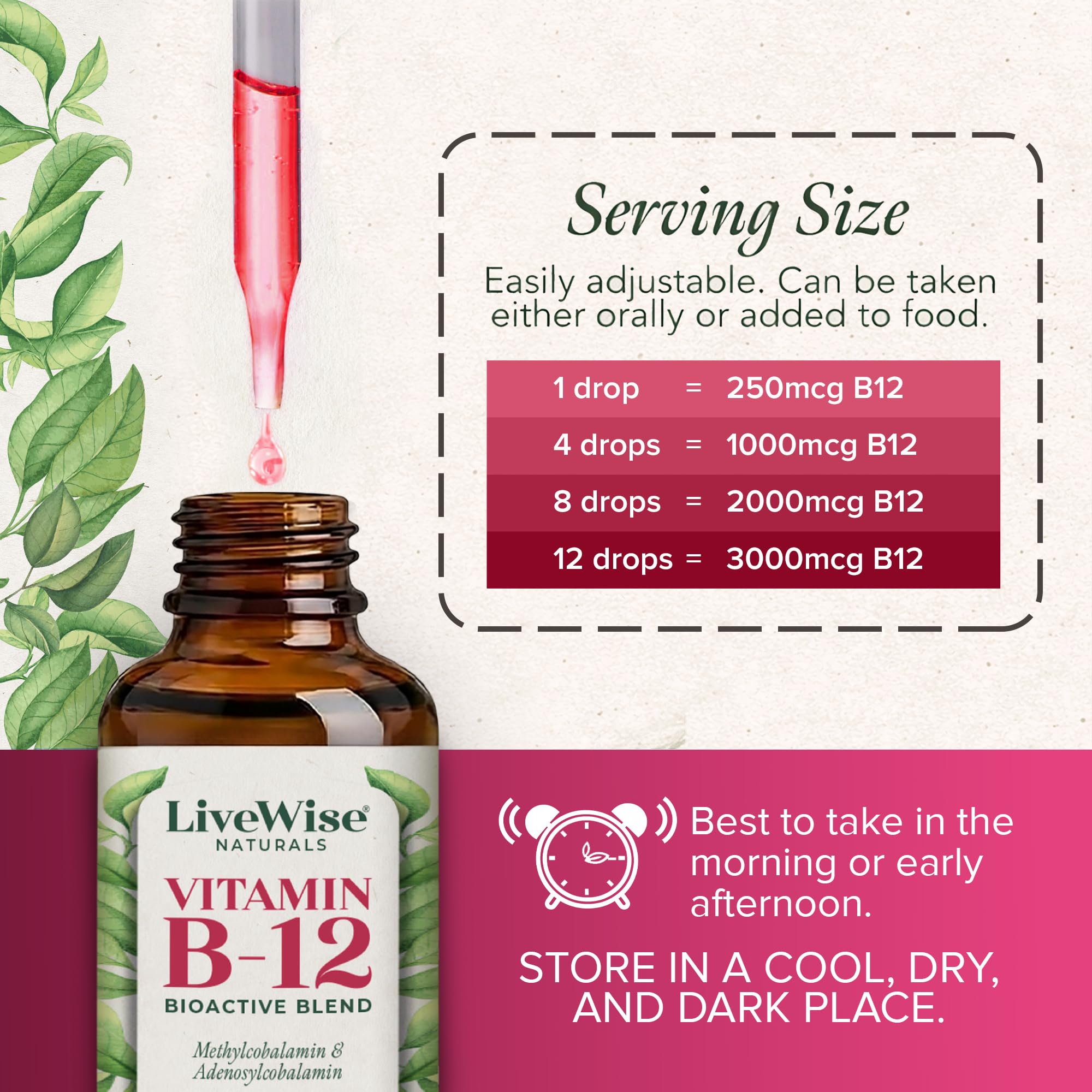 Close-up of Live Wise Naturals Vitamin B12 Liquid Drops label