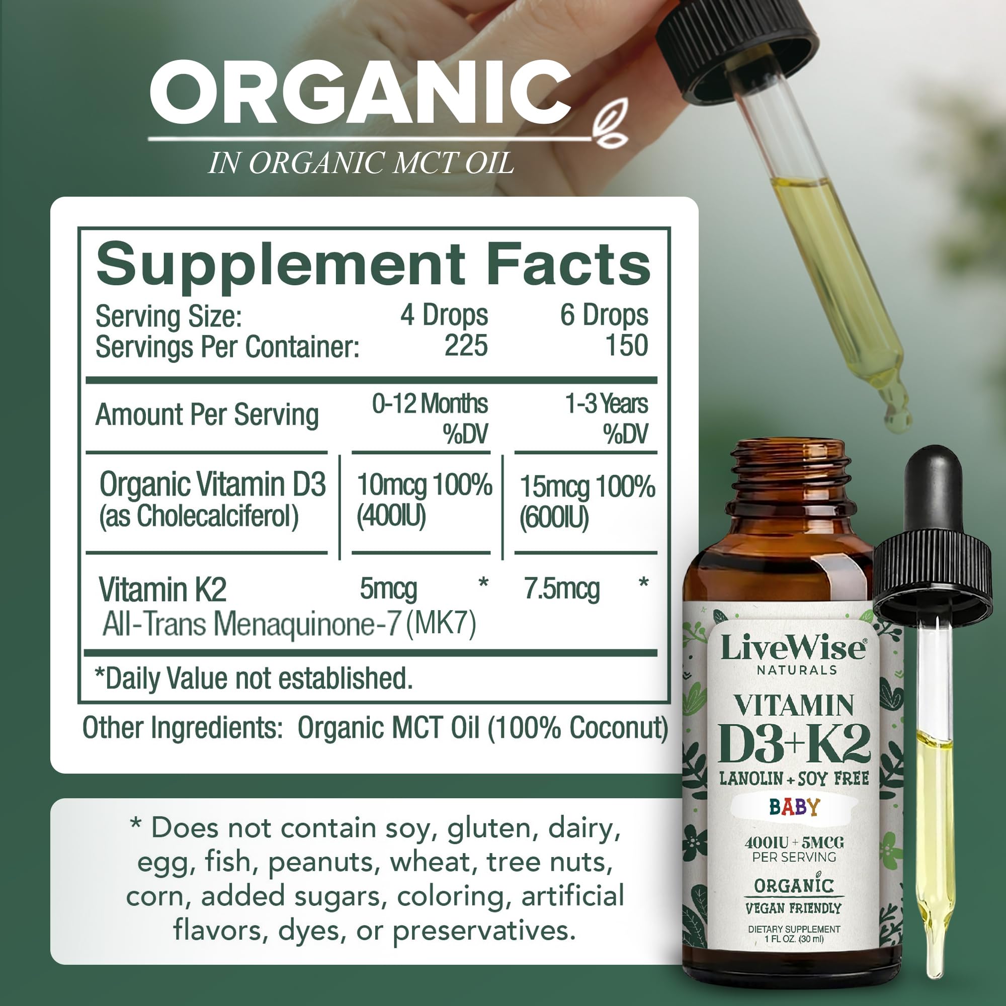 Close-up of Live Wise Naturals Vitamin D3 K2 Drops liquid