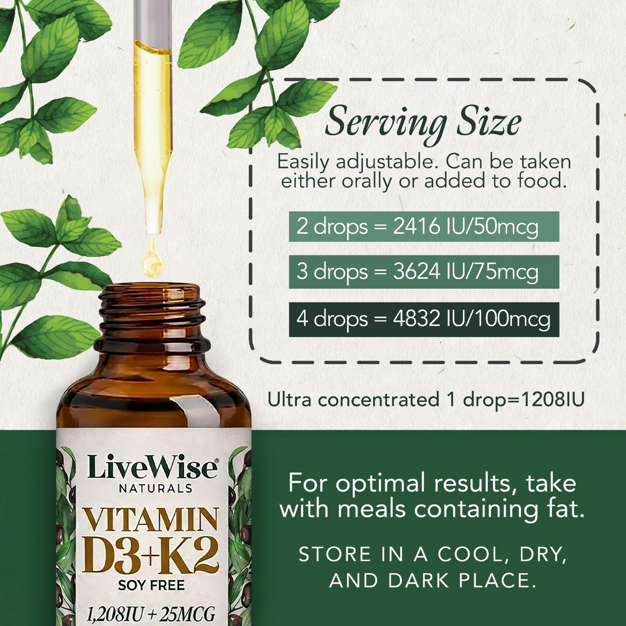 Close-up of Live Wise Naturals Vitamin D3 K2 Liquid Drops ingredients