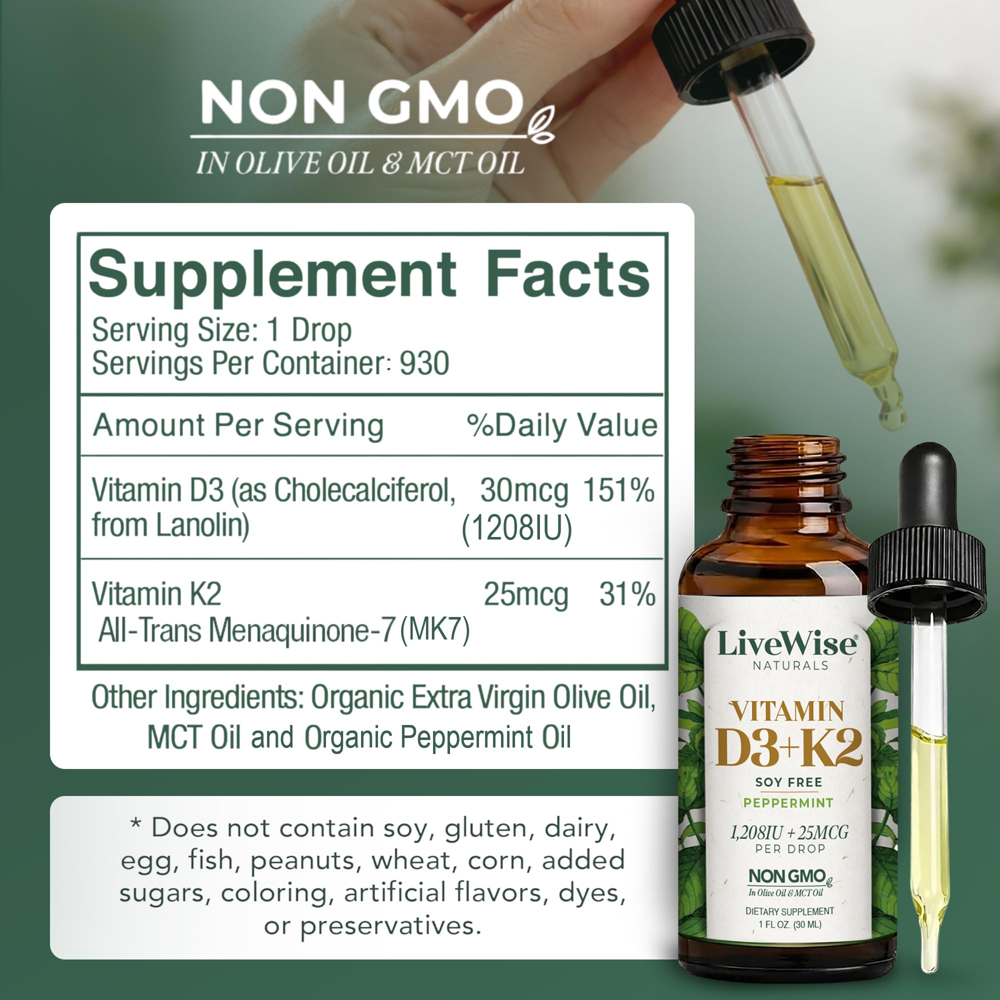 Close-up of Live Wise Naturals Vitamin D3 K2 liquid drops showing dropper