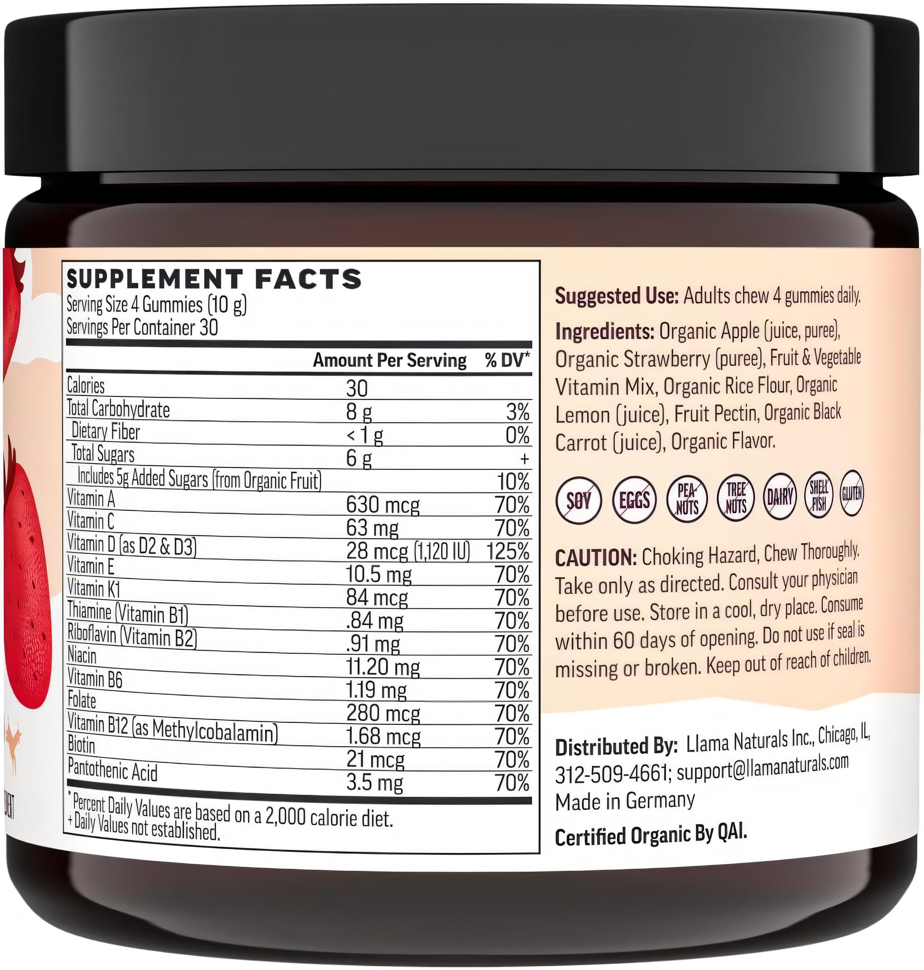 Close-up of Llama Naturals Women's Multivitamin Gummies strawberry flavour