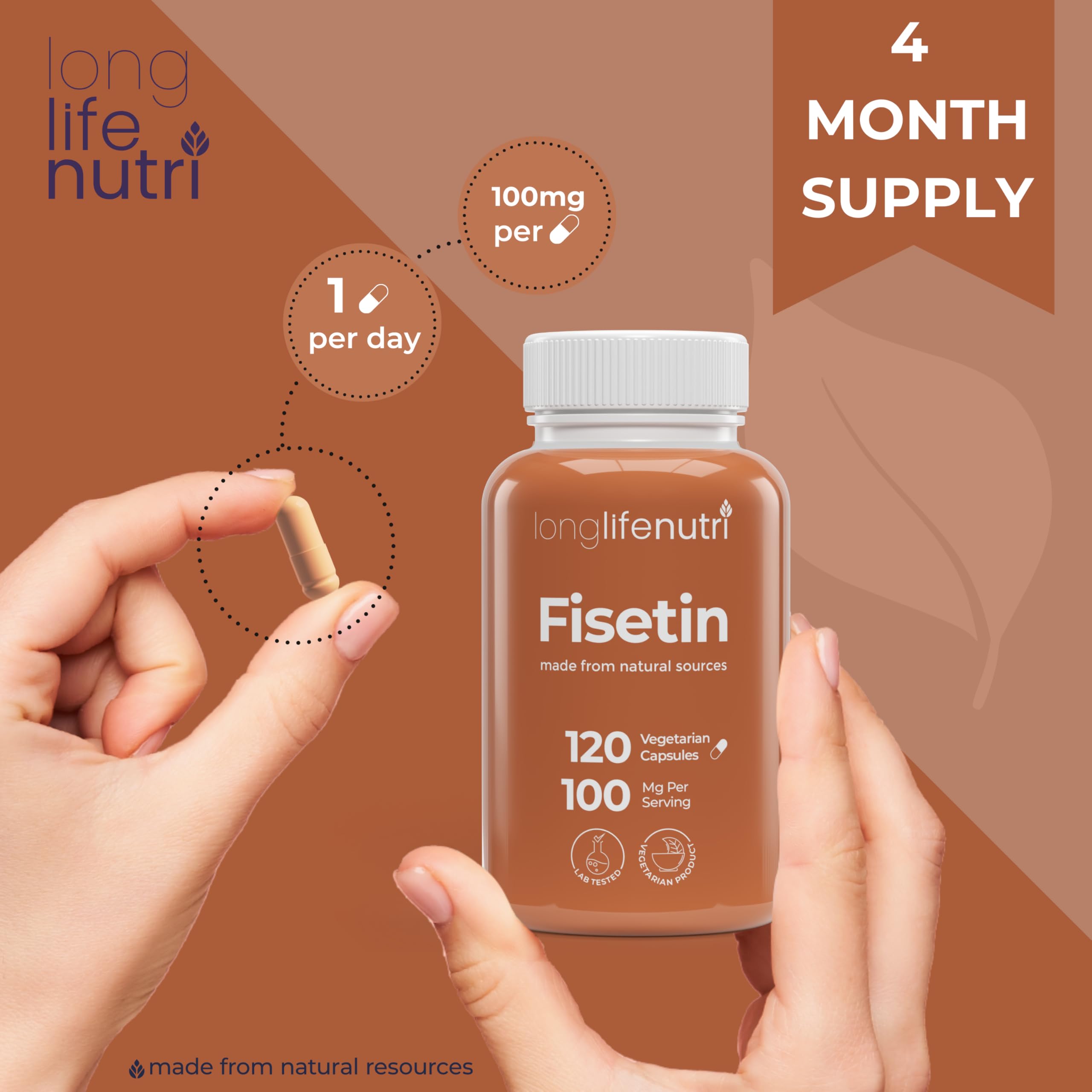 Close-up of LongLifeNutri Fisetin Capsules showing ingredients