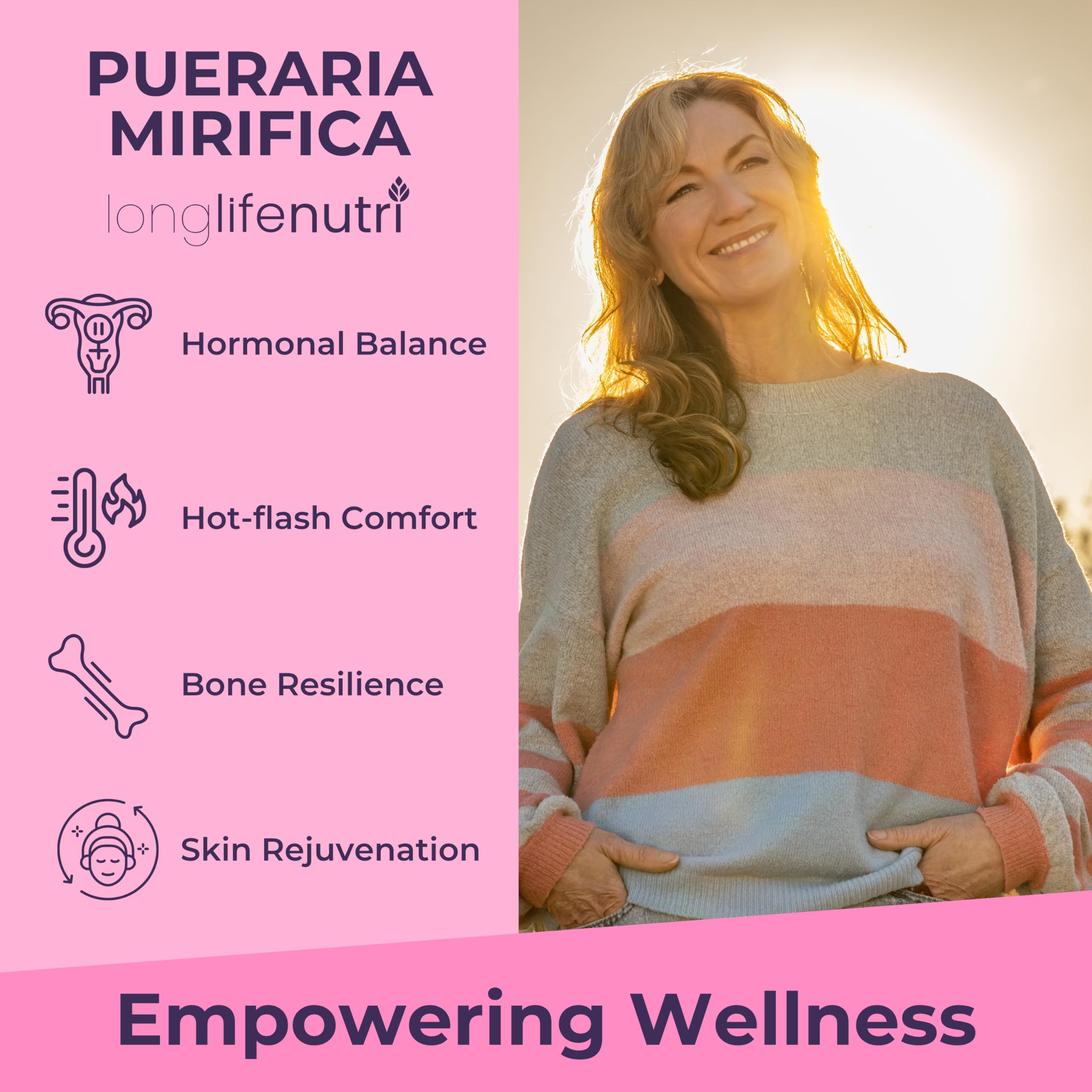 Close-up of LongLifeNutri Pueraria Mirifica vegetarian capsules