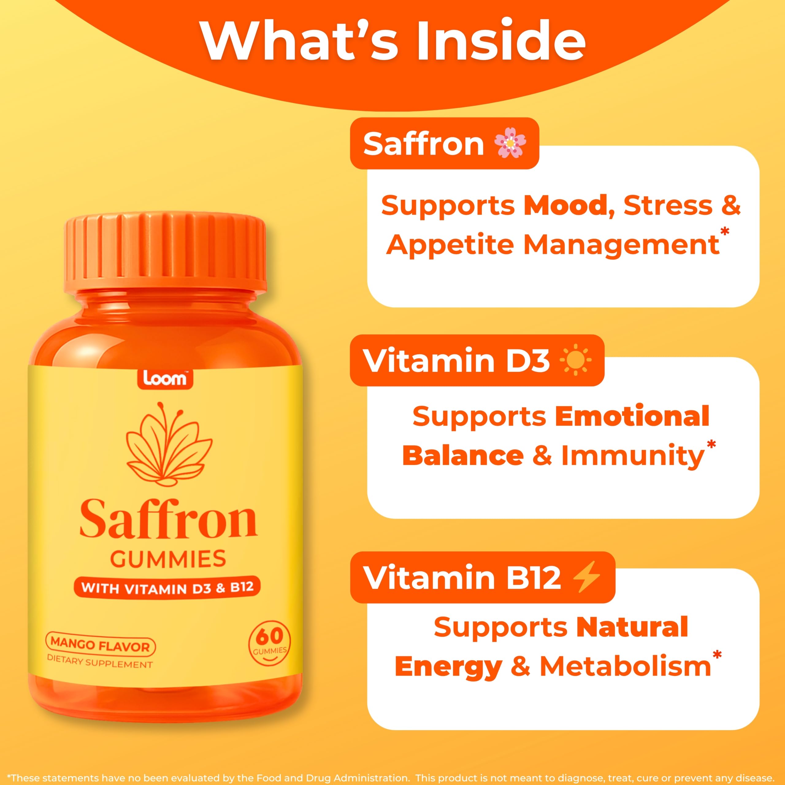 Close-up of Loom Herbal Supplement Gummies showcasing saffron and vitamins