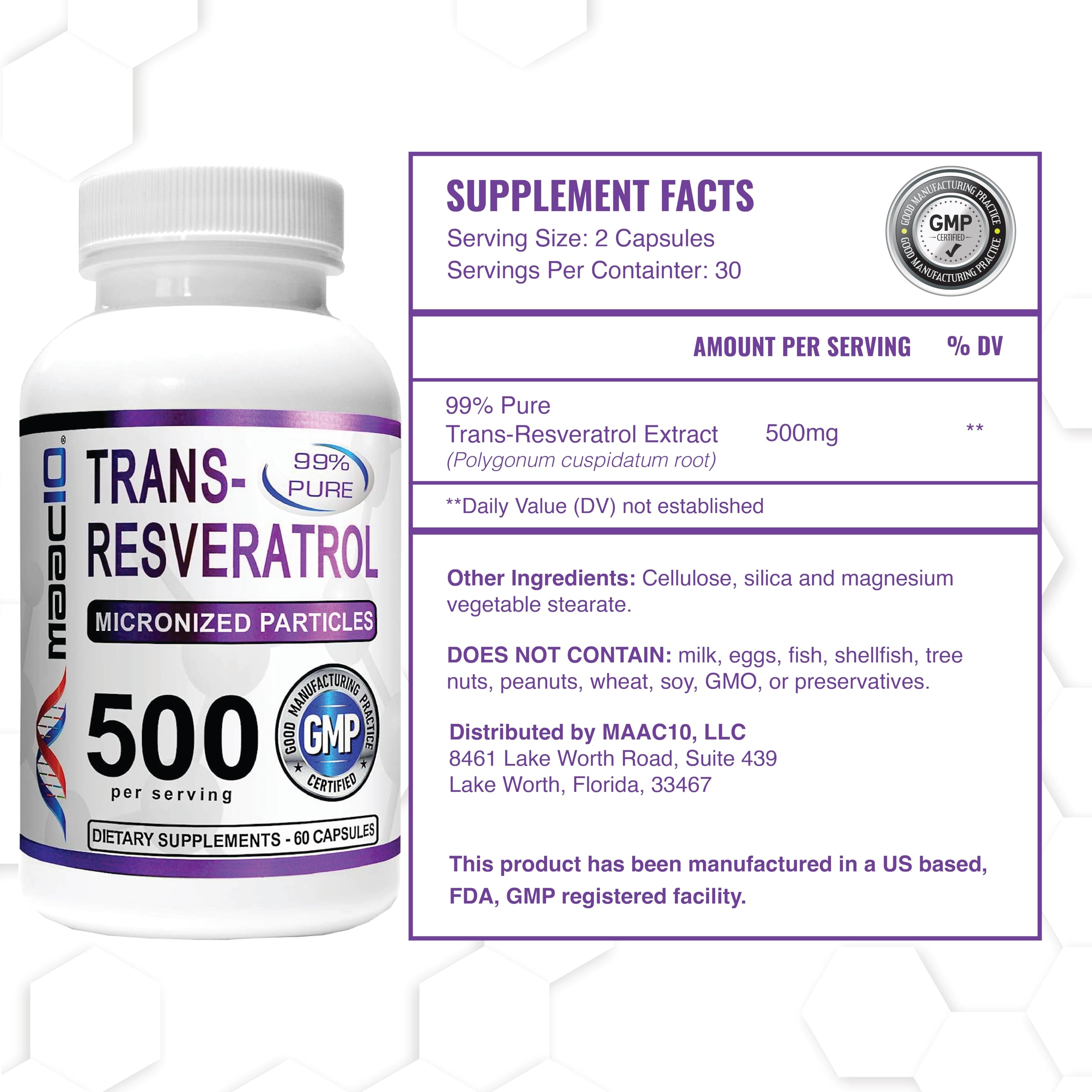 Close-up of MAAC10 Trans-Resveratrol capsules