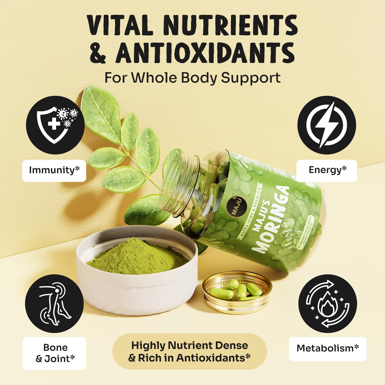 Close-up of Maju Superfoods Moringa Capsules showing the capsules