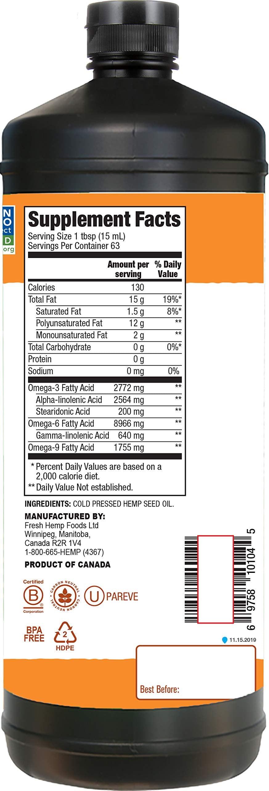 Close-up of Manitoba Harvest Hemp Seed Oil bottle