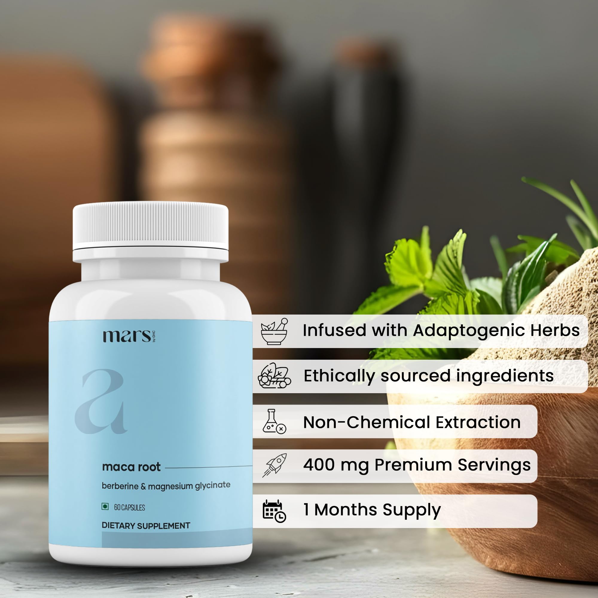Close-up of mars by GHC Ginseng and Maca Root Supplement capsules