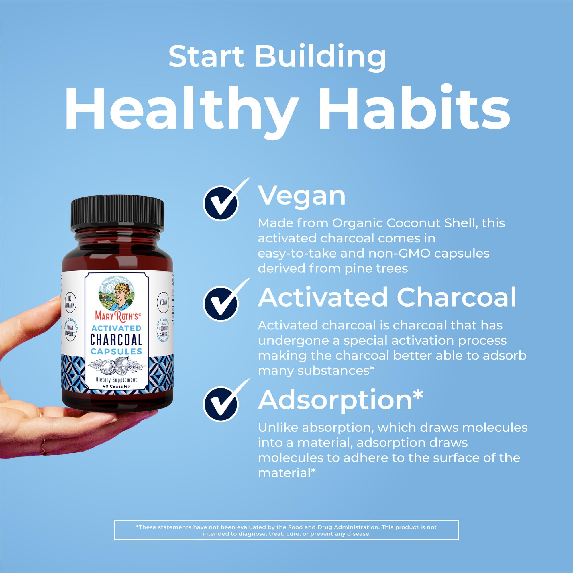 Close-up of MARYRUTH'S Activated Charcoal Capsules