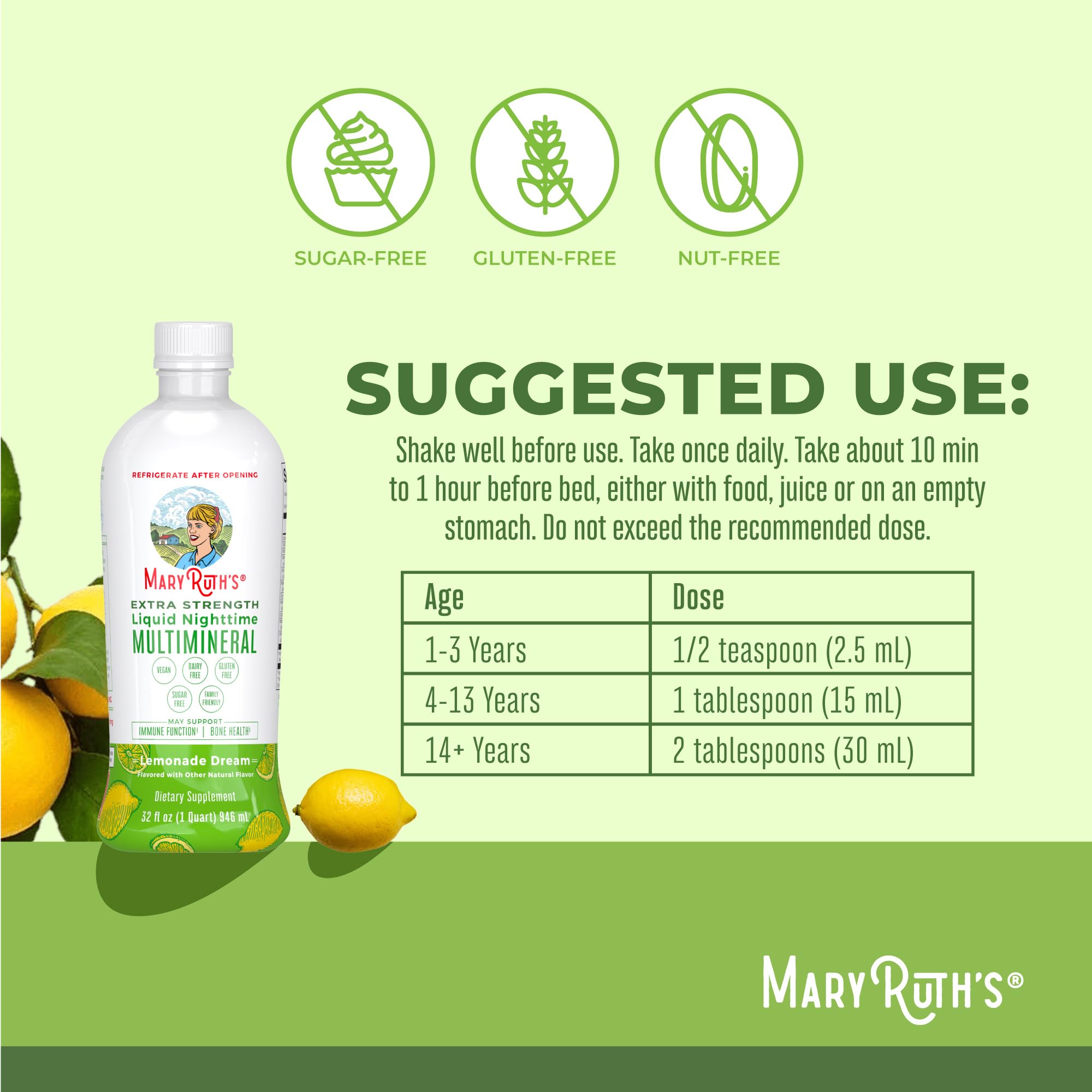 Close-up of MARYRUTH'S Extra Strength Liquid Nighttime Multimineral label