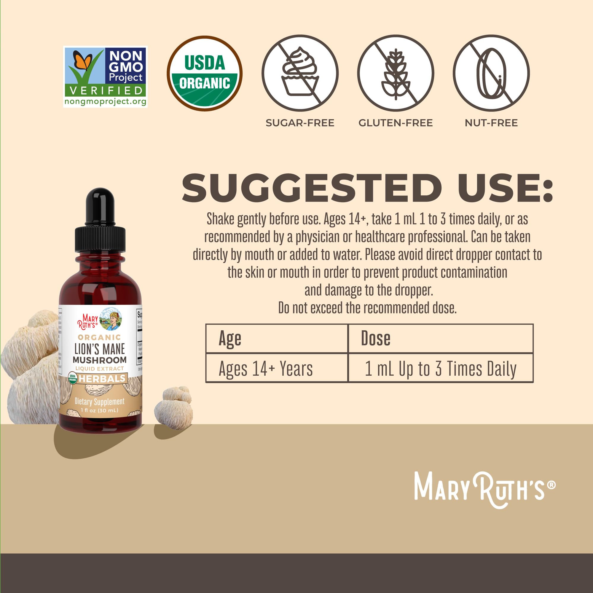 Close-up of MARYRUTH'S Lion's Mane Mushroom Liquid Drops dropper
