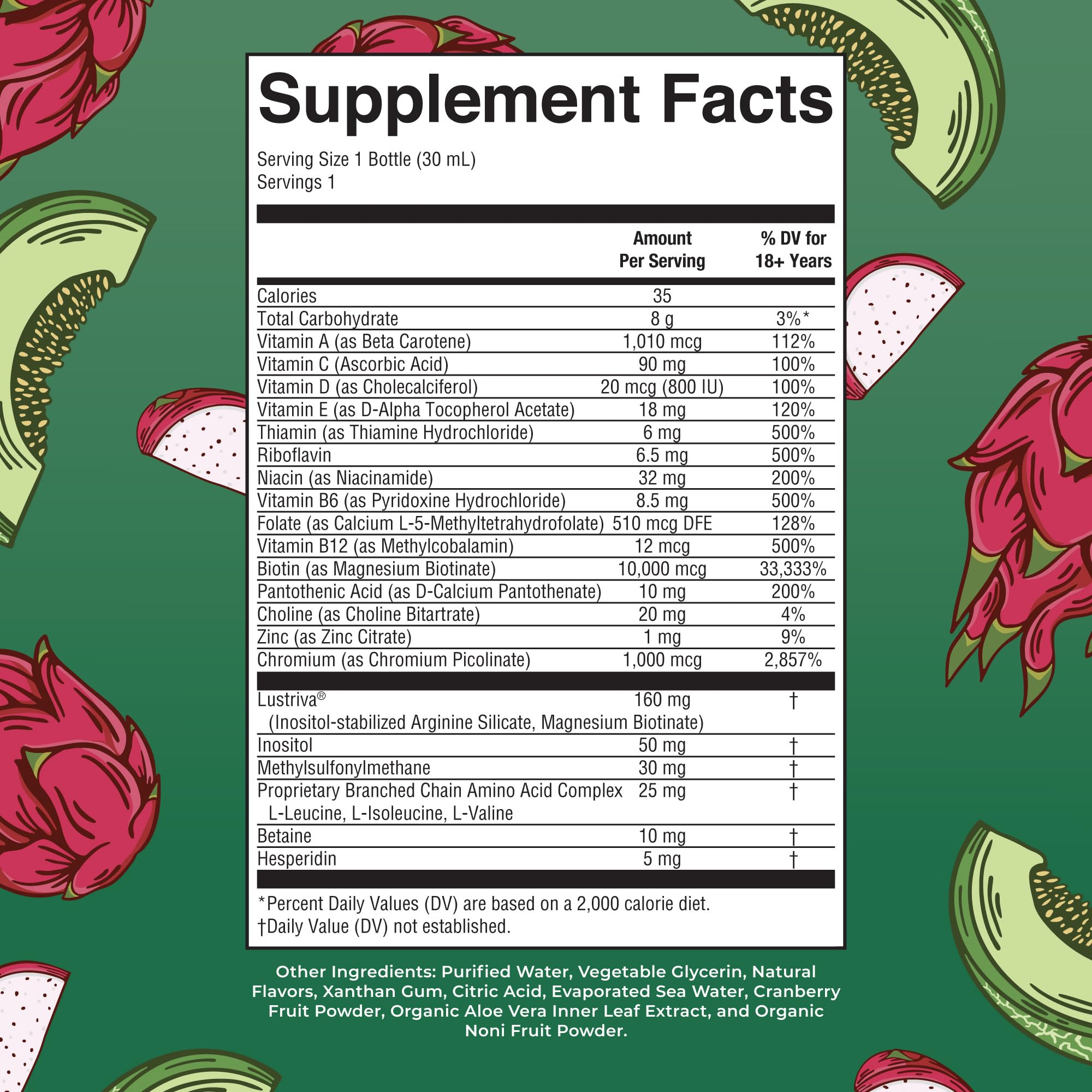 Close-up of MARYRUTH'S Lustriva Hair Growth Multivitamin single-serve bottle