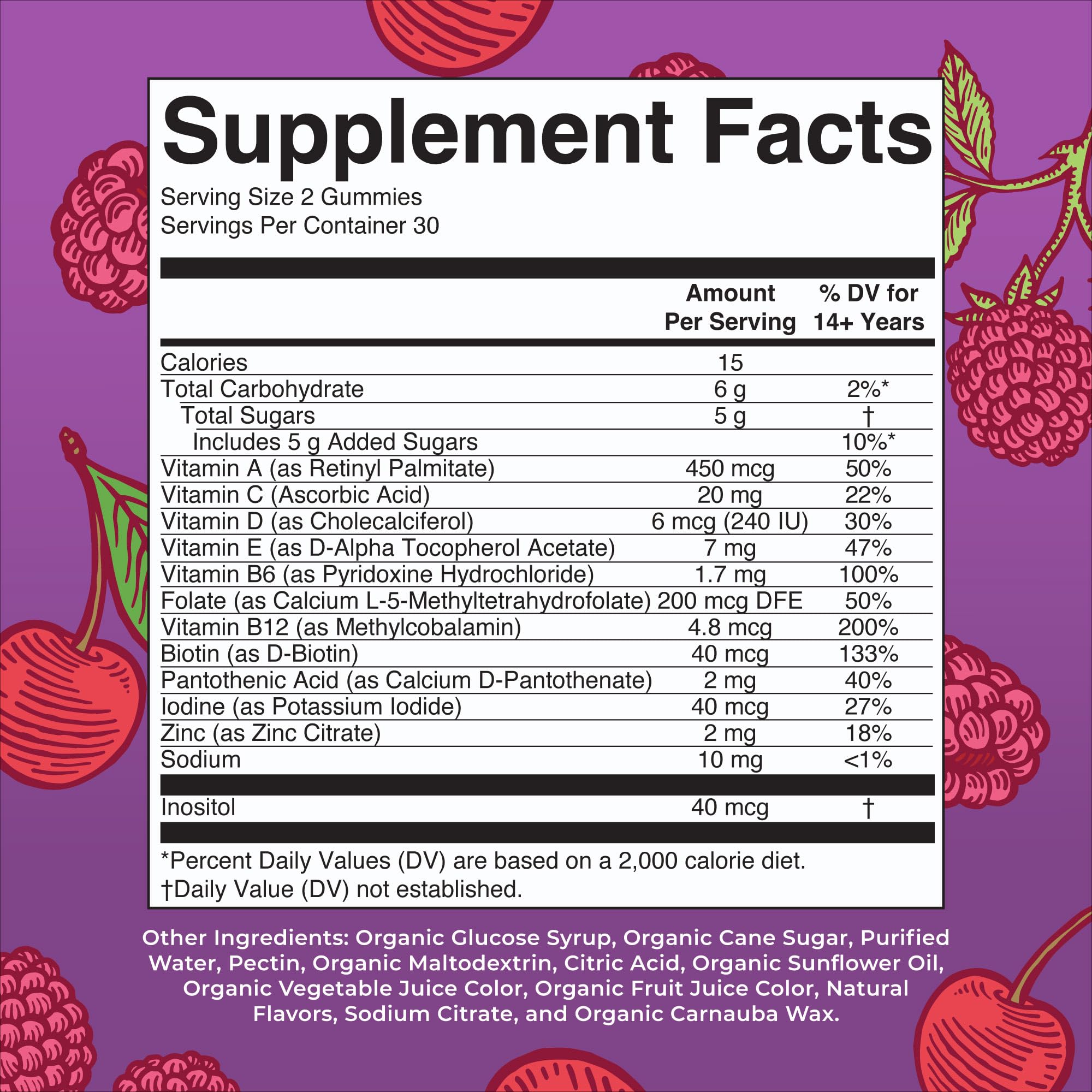 Close-up of MARYRUTH'S Organic Men's Multivitamin Gummies showing cherry and raspberry flavour
