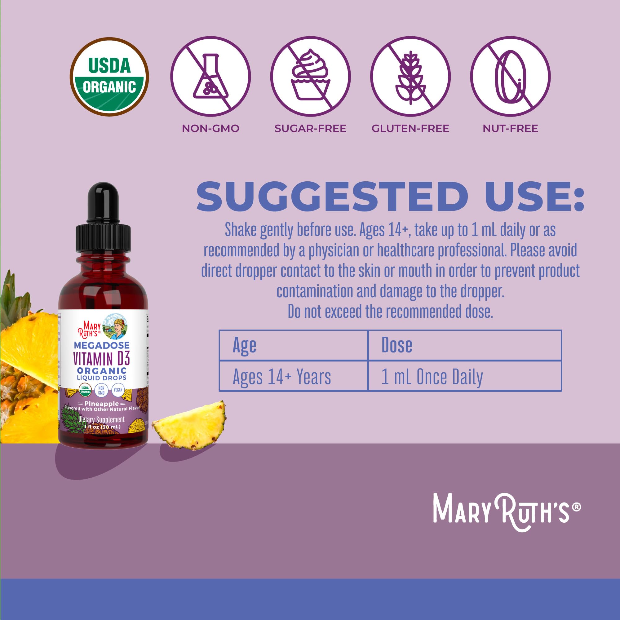Close-up of MARYRUTH'S Vitamin D3 Liquid Drops dropper