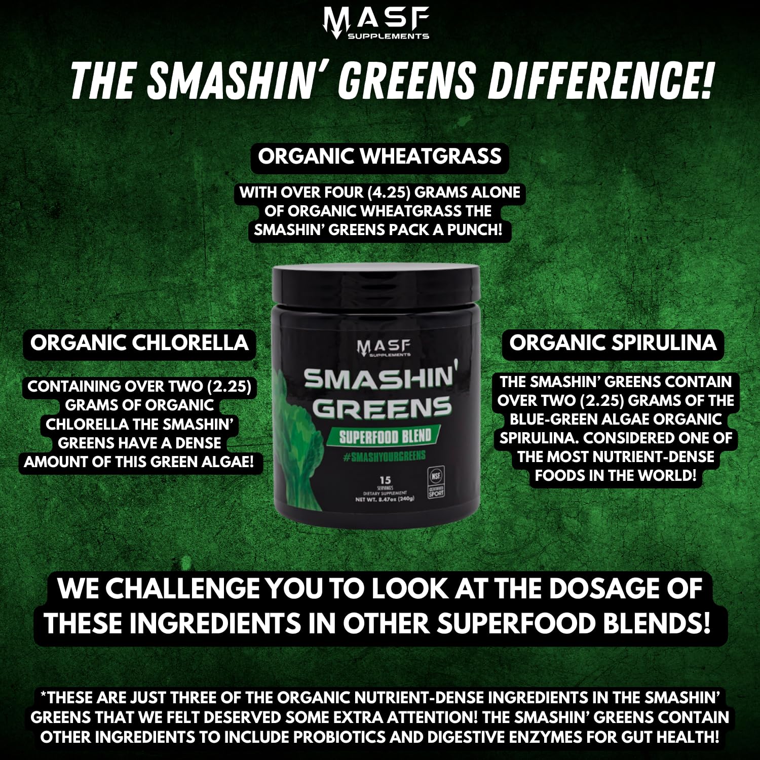 Close-up of MASF Smashin' Greens ingredients list