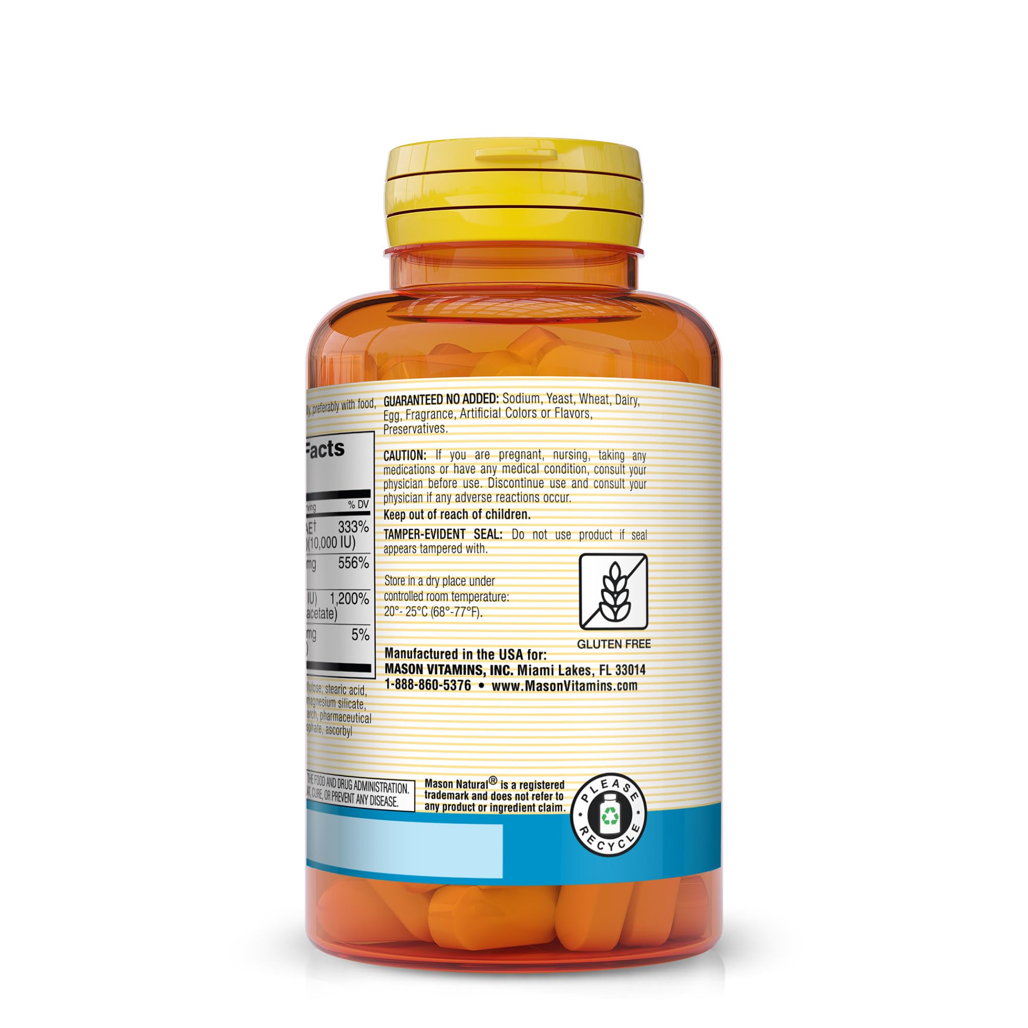 Close-up of MASON NATURAL Vitamin E, C and Beta Carotene tablets