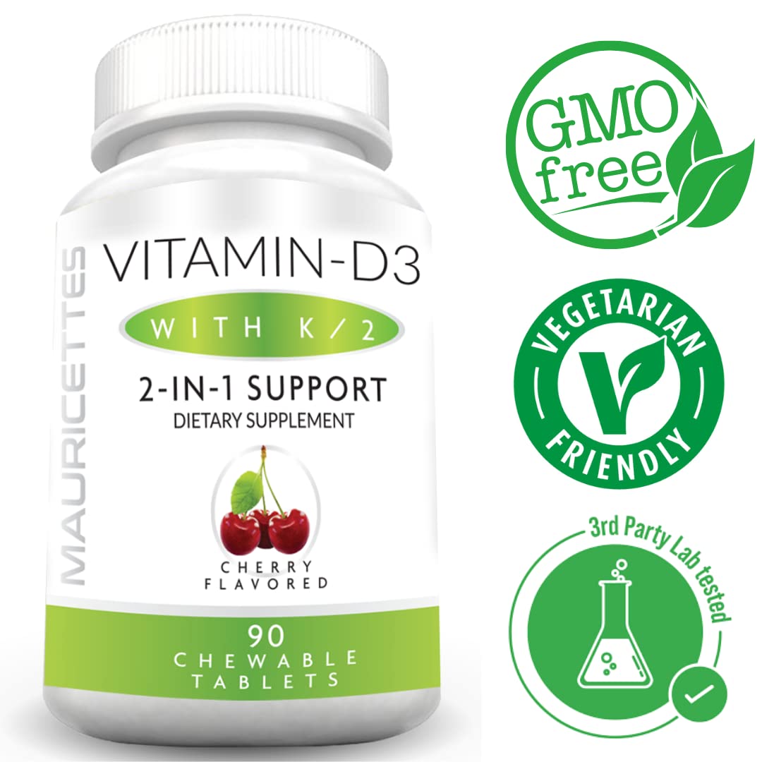 Close-up of Mauricettes Vitamin D3 & K2 chewable tablets showing cherry flavour