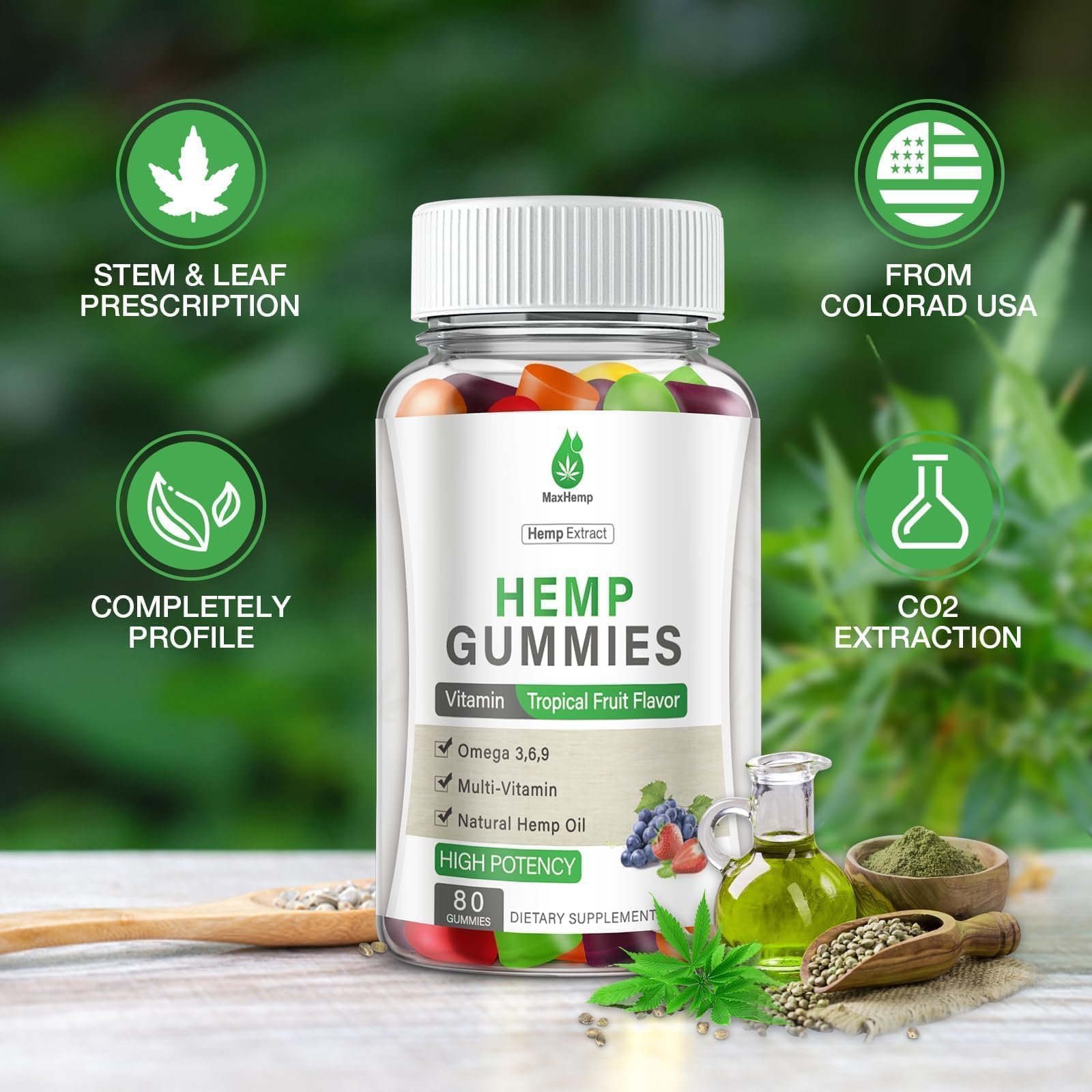 Close-up of MaxHemp Hemp Gummies tropical fruit flavour