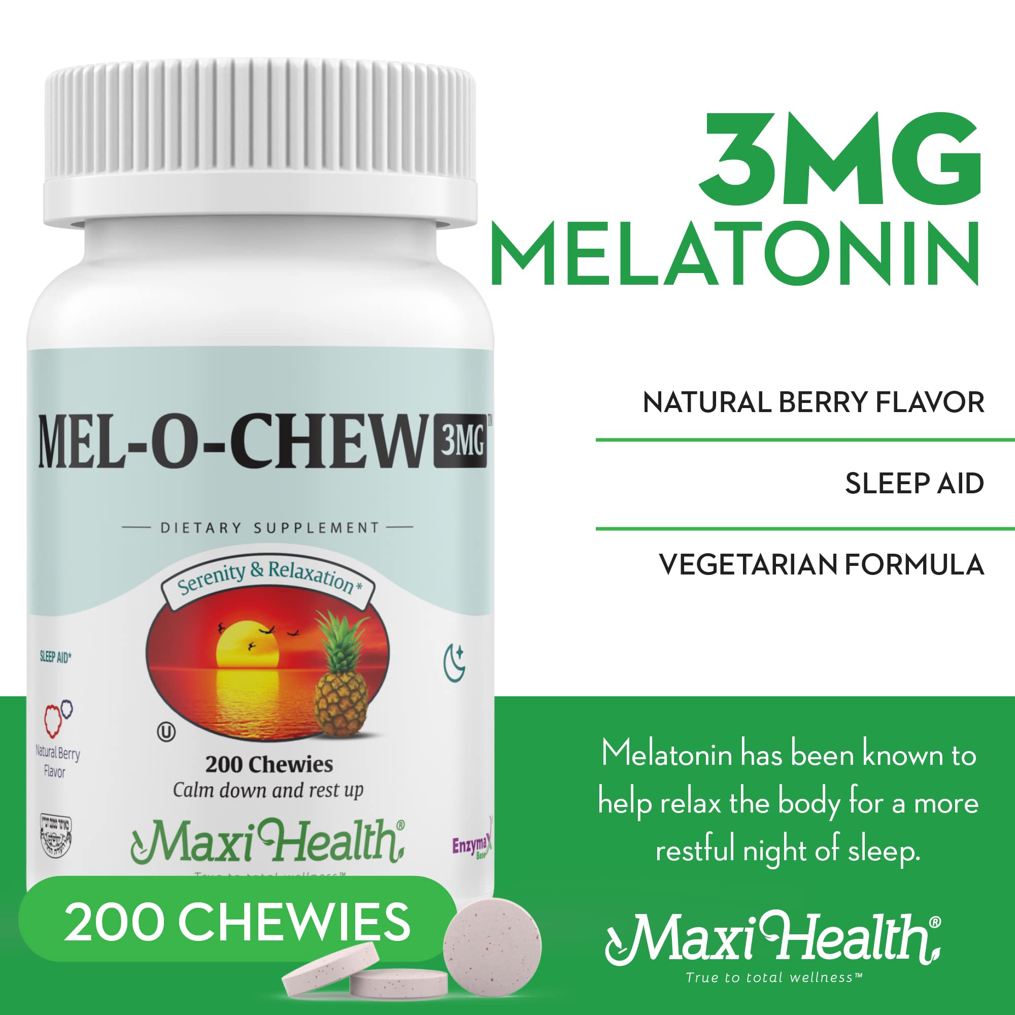 Close-up of Maxi Health Chewable Melatonin tablet showing texture