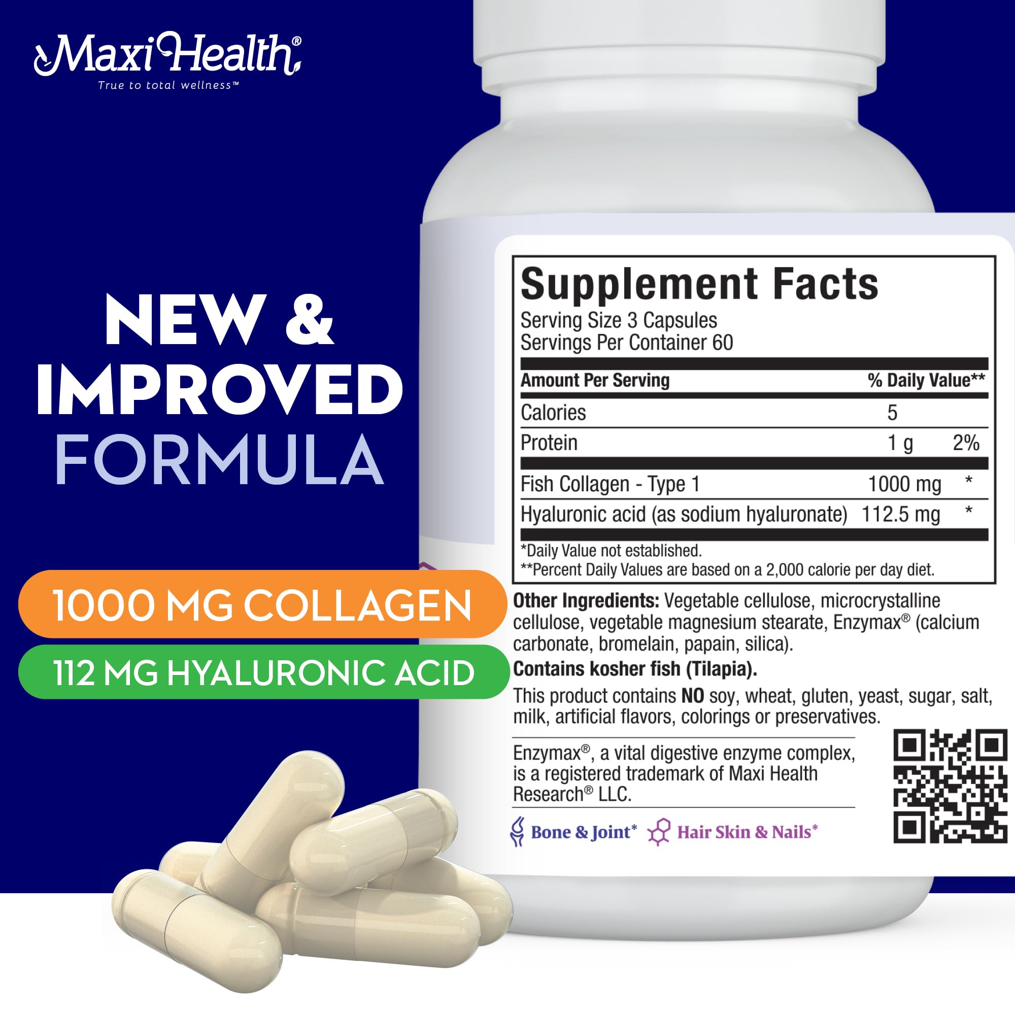 Close-up of Maxi Health Collagen Capsules with hyaluronic acid