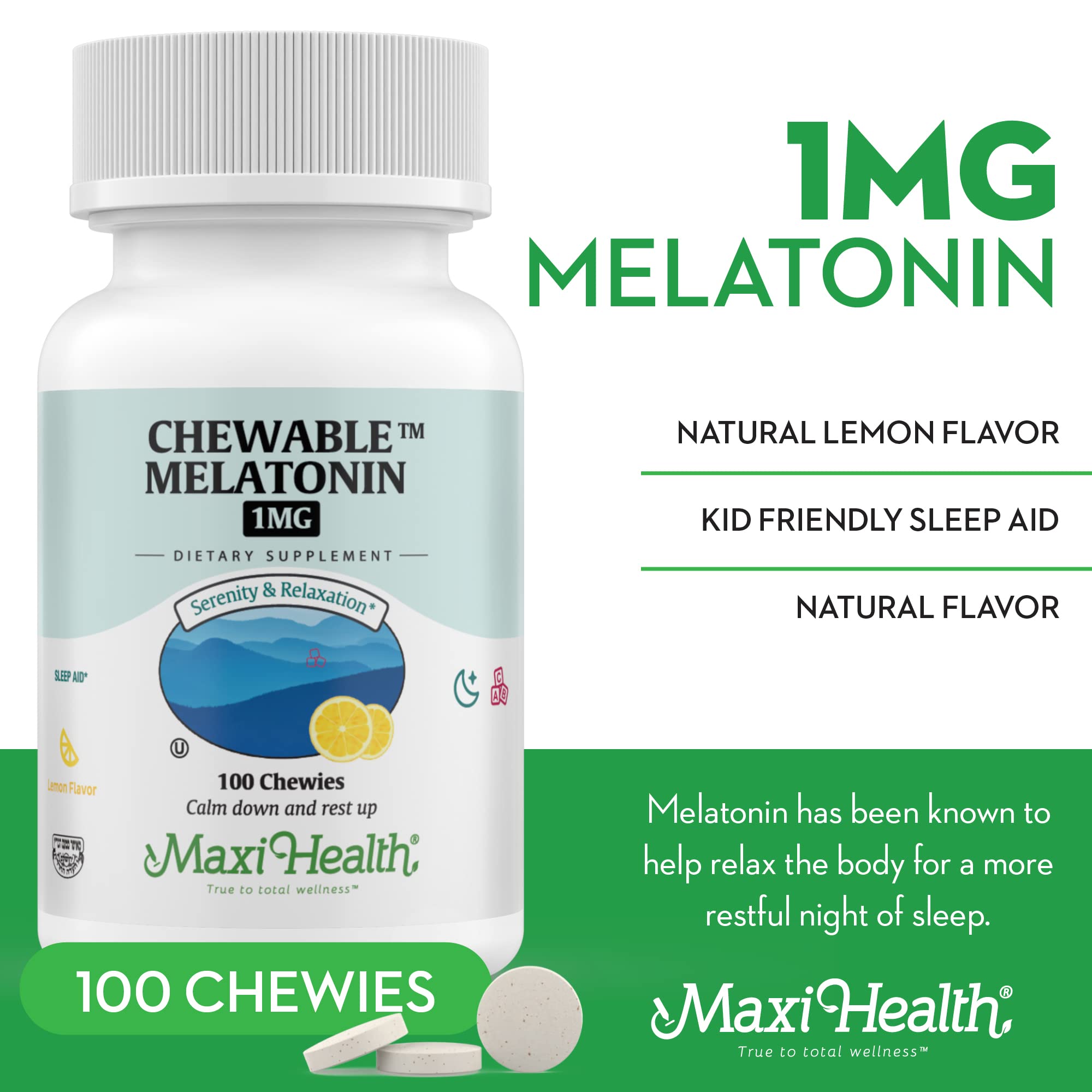 Close-up of Maxi Health Melatonin chewable tablet
