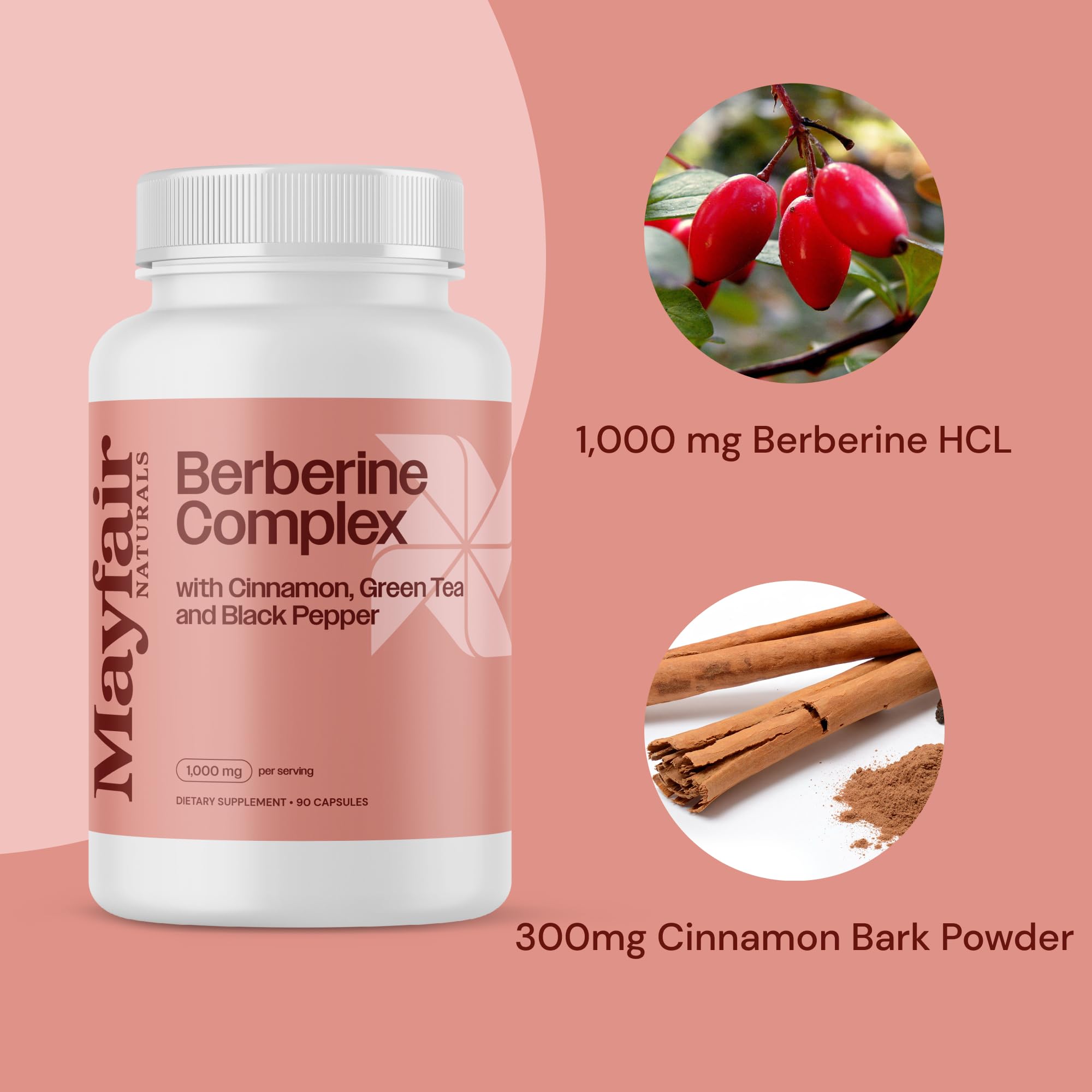 Close-up of Mayfair Naturals Berberine Complex veggie capsules