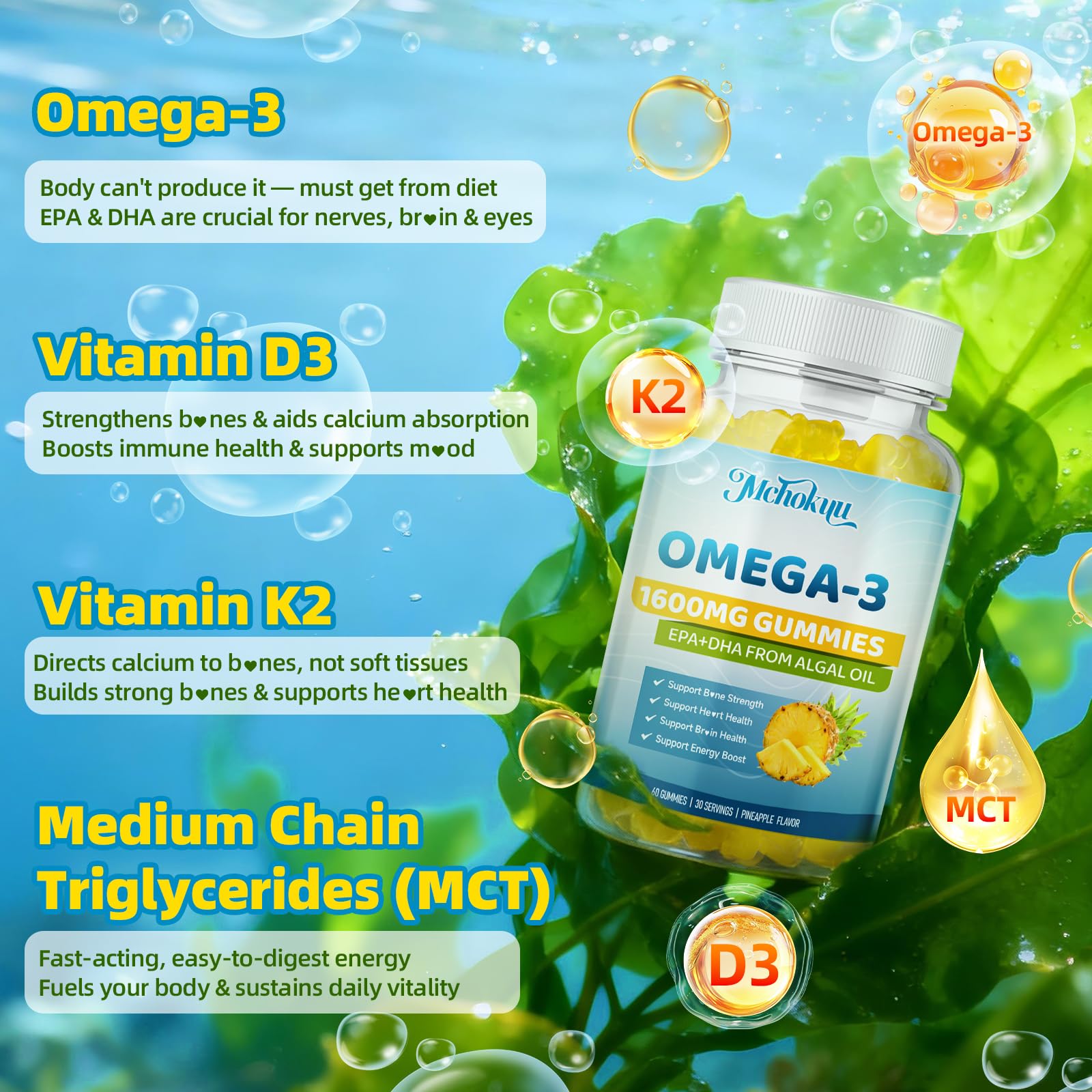 Close-up of Mchokuu Vegan Omega-3 Gummies showing the gummies