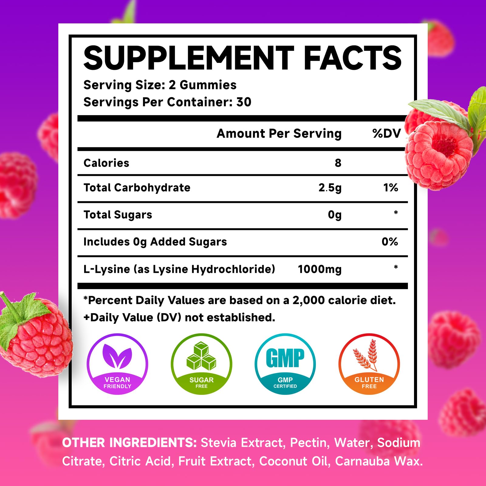 Close-up of MEENCCD L-Lysine gummies showing raspberry flavour