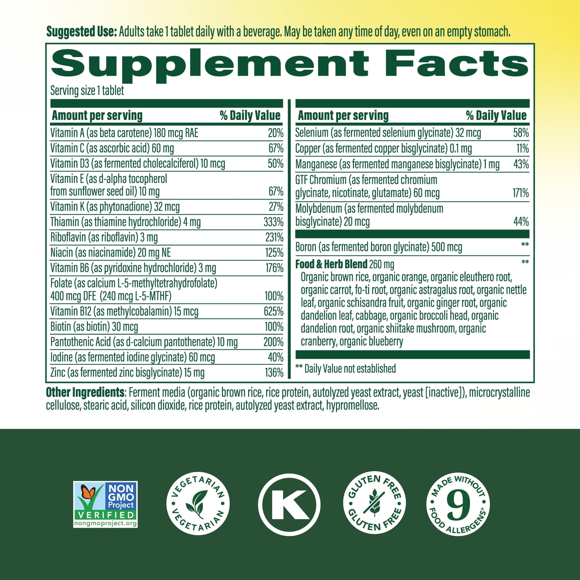 Close-up of MegaFood Men's Multivitamin ingredients list