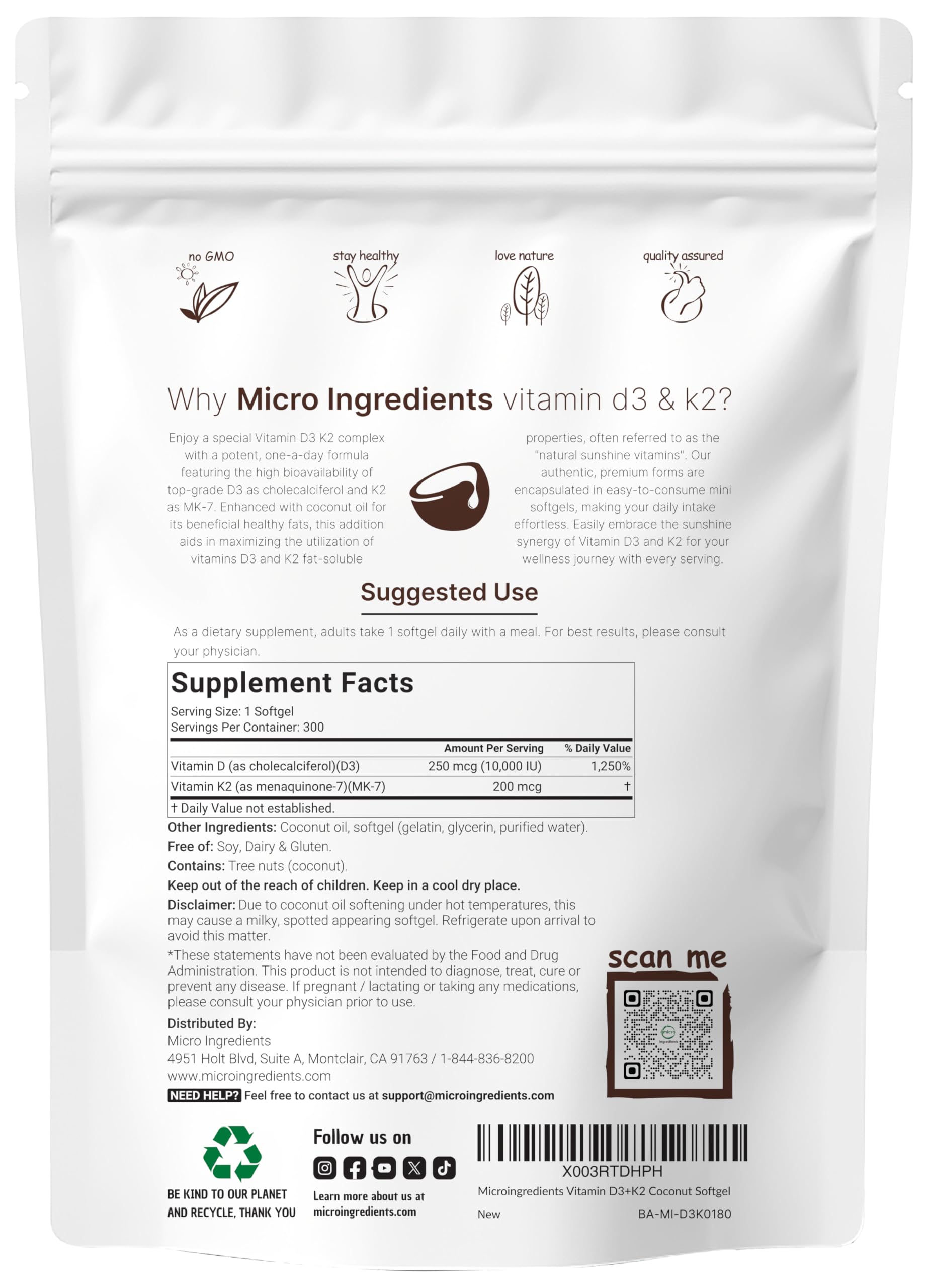 Close-up of Micro Ingredients Vitamin D3 + K2 Softgels showing softgel size