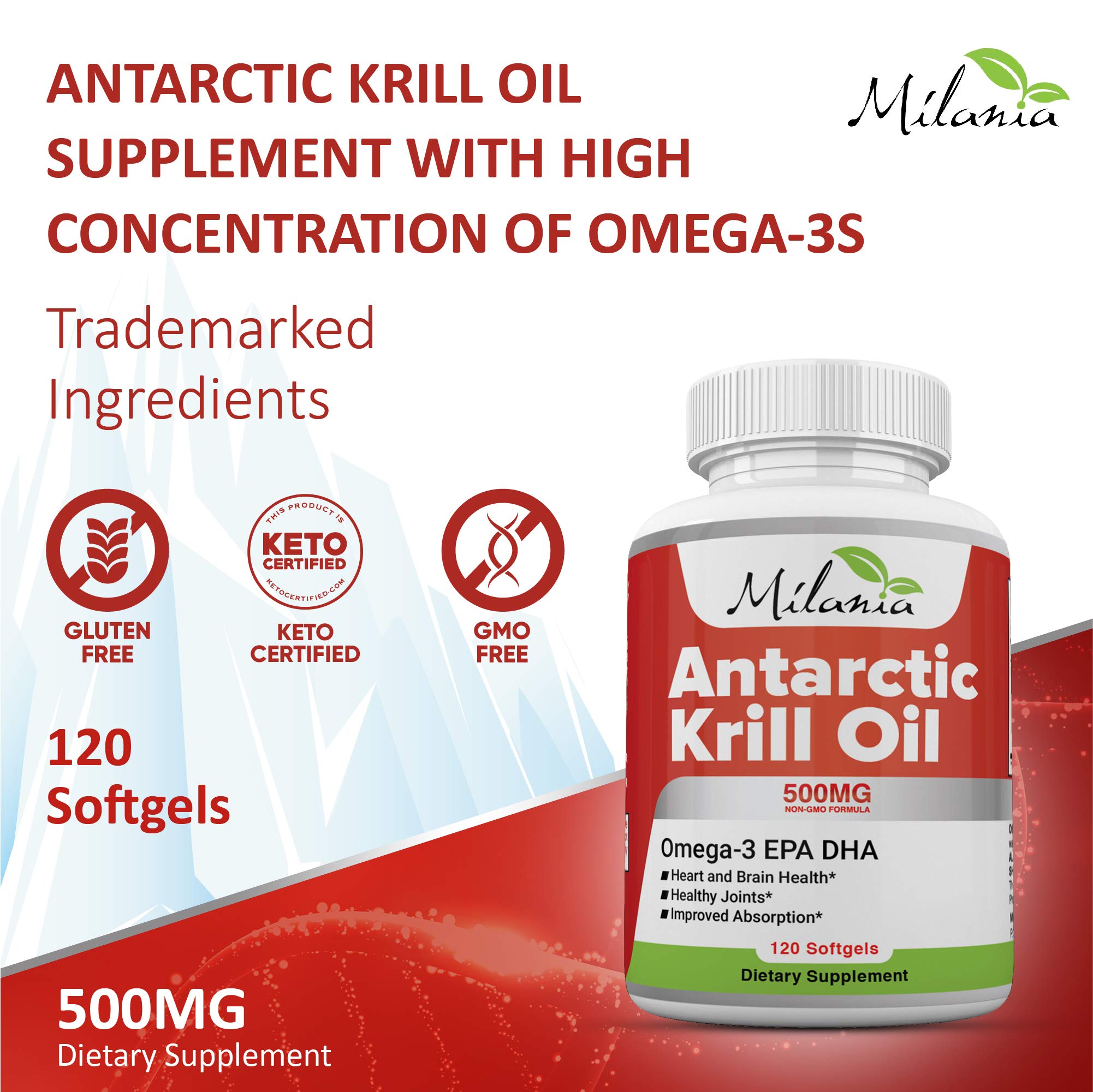 Close-up of MILANIA Antarctic Krill Oil softgel capsule