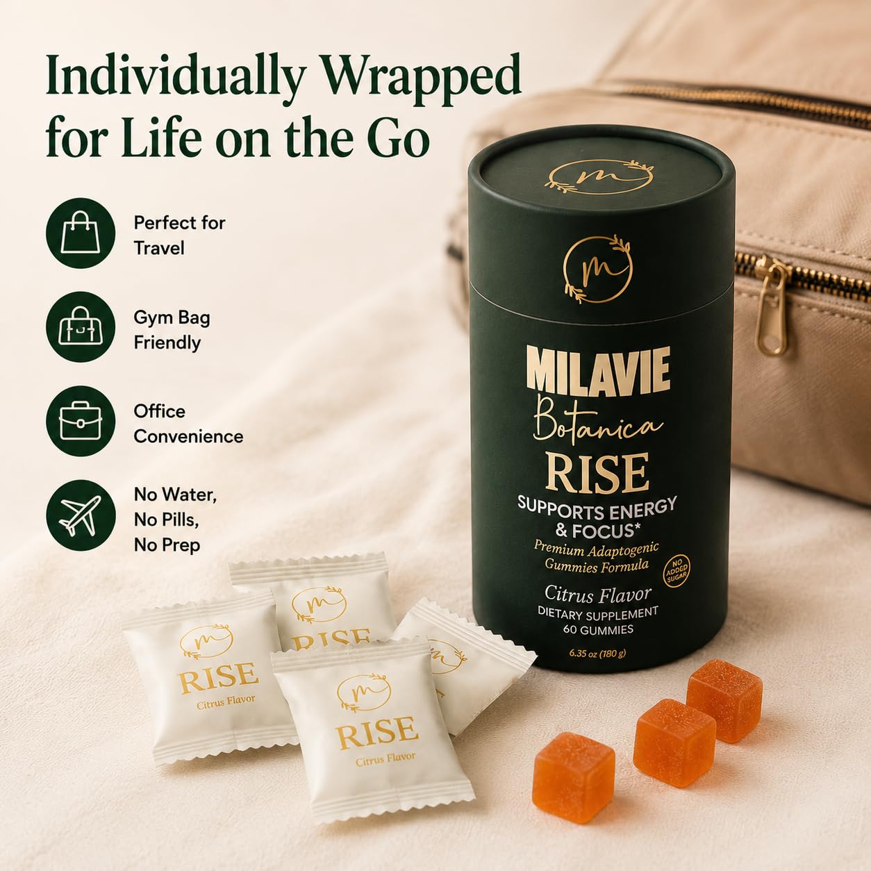 Close-up of MILAVIE Botanica Rise Energy & Focus Gummies