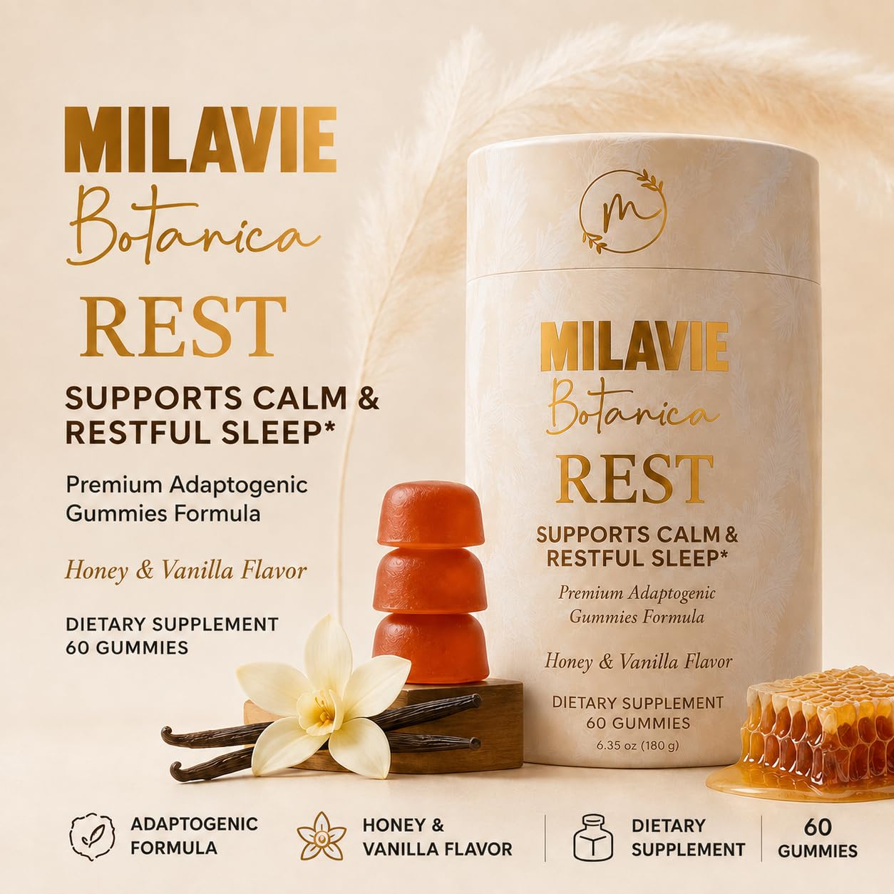 Close-up of MILAVIE Rest Sleep Gummies honey and vanilla flavour