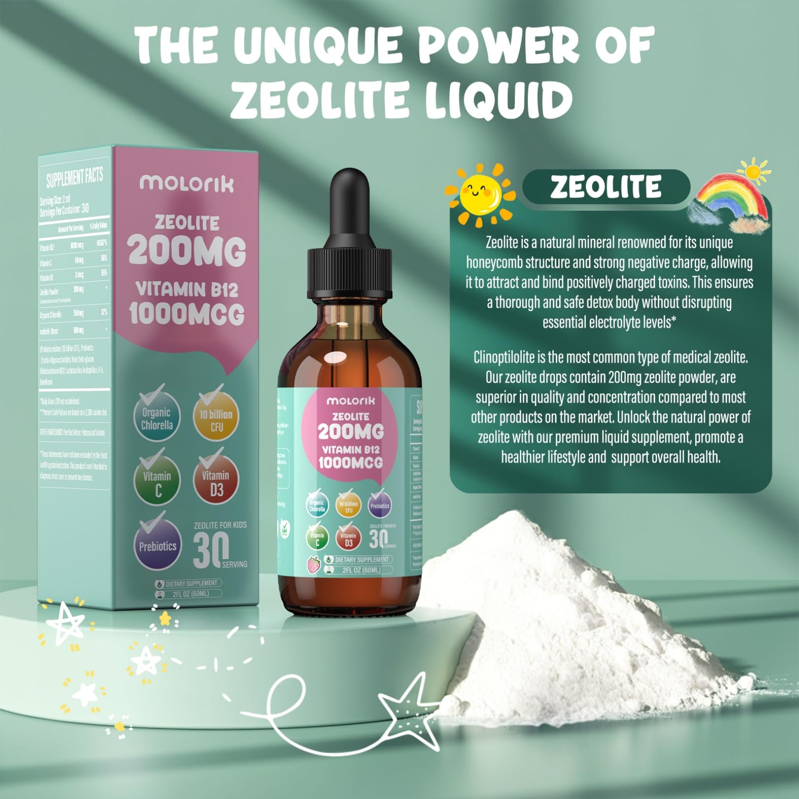 Close-up of molorik pure Zeolite Liquid Drops measuring cap
