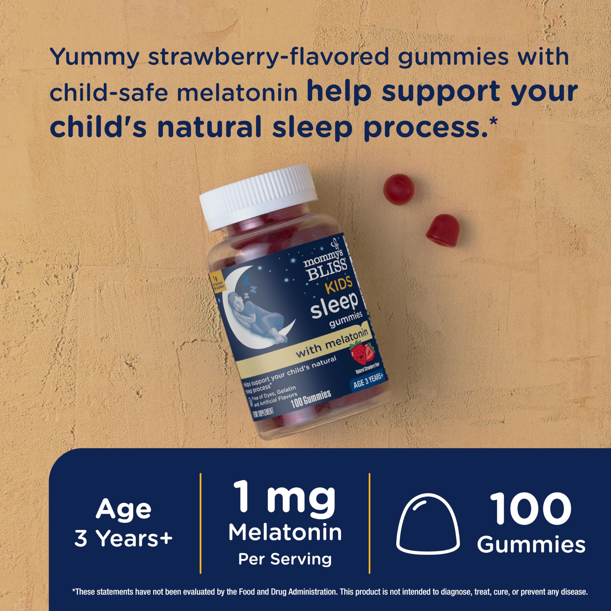 Close-up of Mommy's Bliss Kids Sleep Gummies showing strawberry flavour