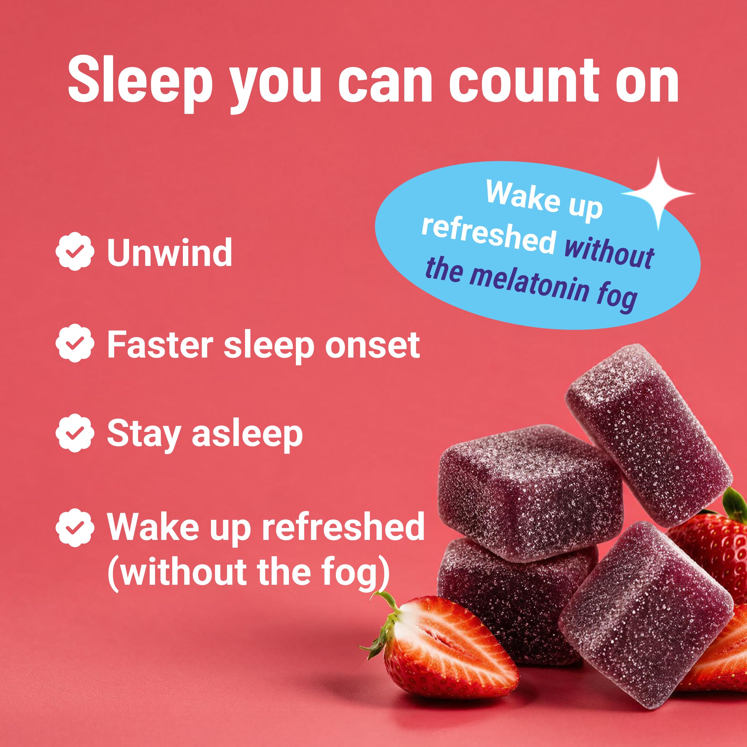 Close-up of MoonBrew Strawberry Sleep Gummies with vitamins