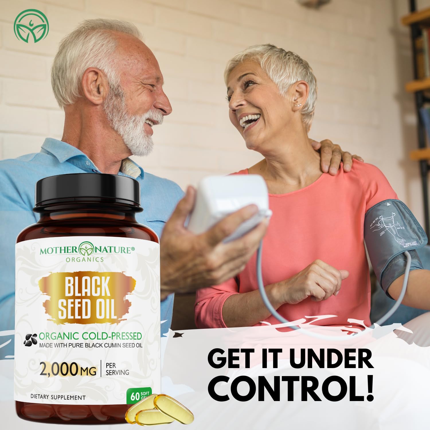 Close-up of Mother Nature Organics Black Seed Oil Softgels showing softgel size