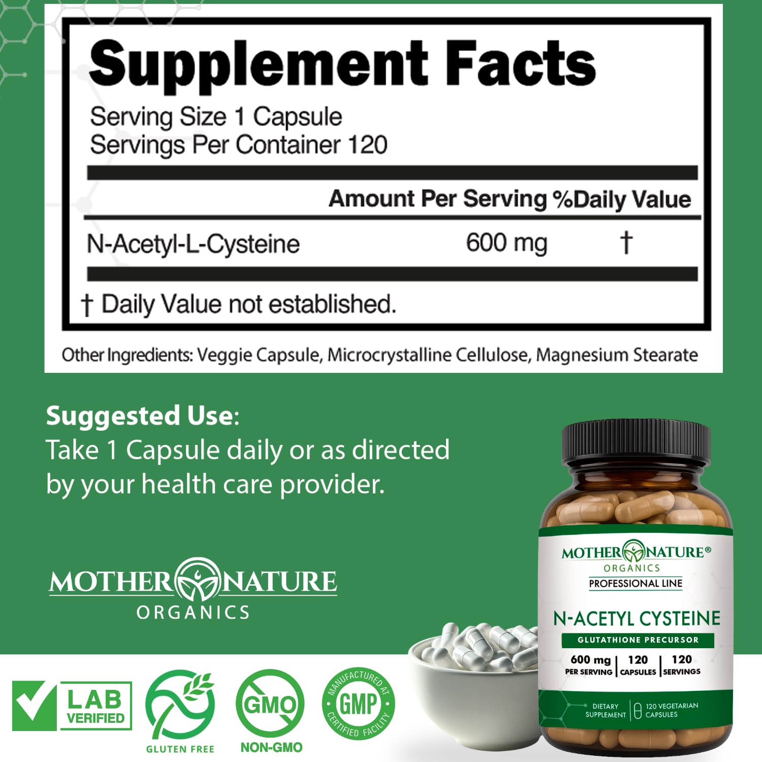 Close-up of Mother Nature Organics NAC 600mg capsules