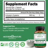 Close-up of Mother Nature Organics NAC 600mg capsules